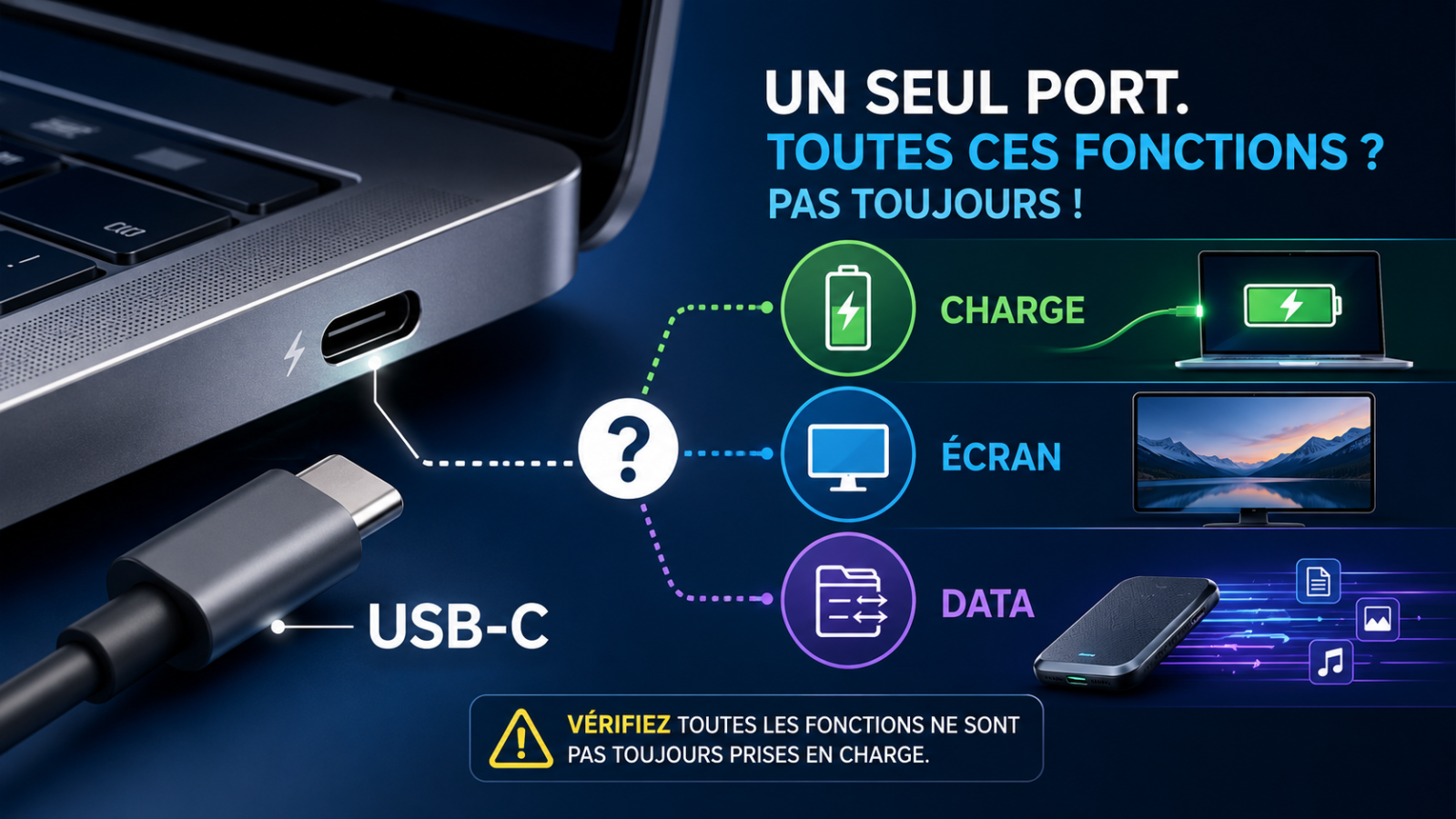 USB-C charge + affichage + data : comment vérifier qu’un port fait vraiment tout ?