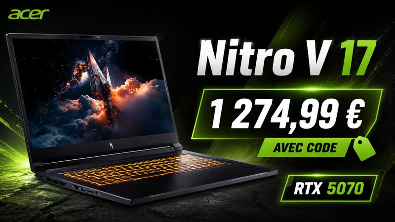 Acer Nitro V 17 AI : le PC portable 17,3 pouces avec RTX 5070 tombe à 1 274,99 € avec code