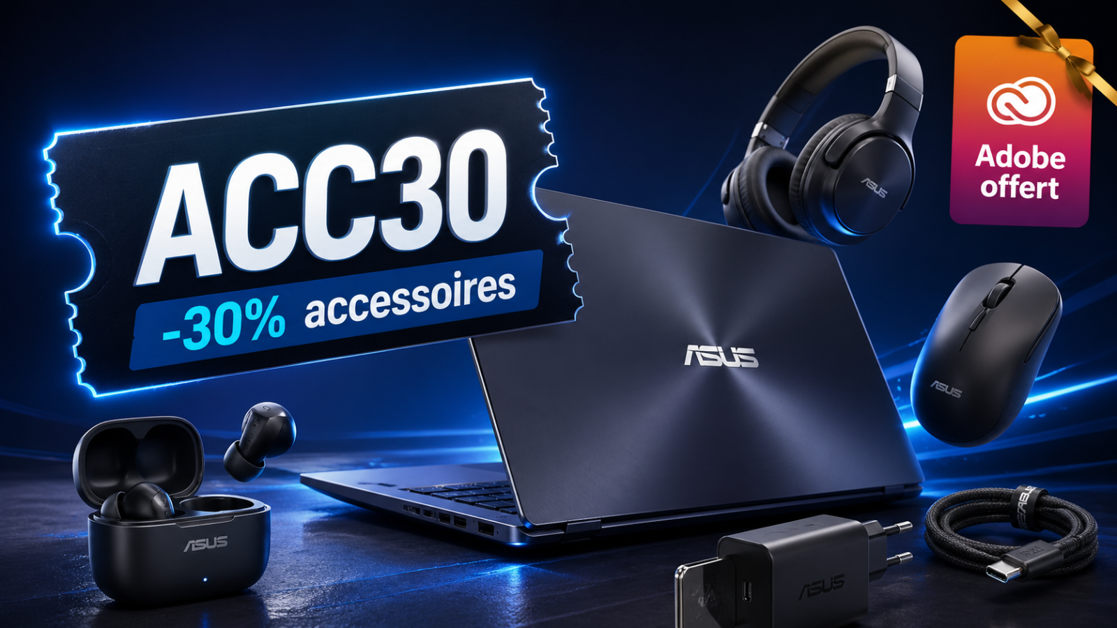 Code ACC30 chez ASUS : -30 % sur des accessoires éligibles avec l’achat d’un PC, avec Adobe offert sur certains modèles