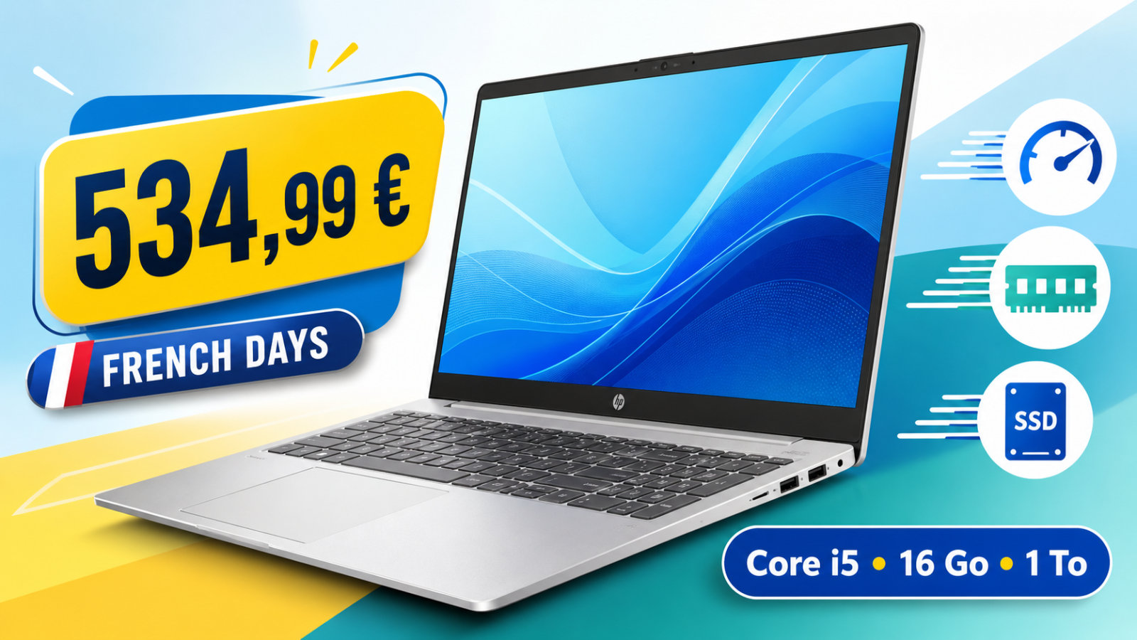 HP 15-fd0122nf : un PC portable 15,6 pouces Core i5, 16 Go de RAM et SSD 1 To à 534,99 € avec le code French Days