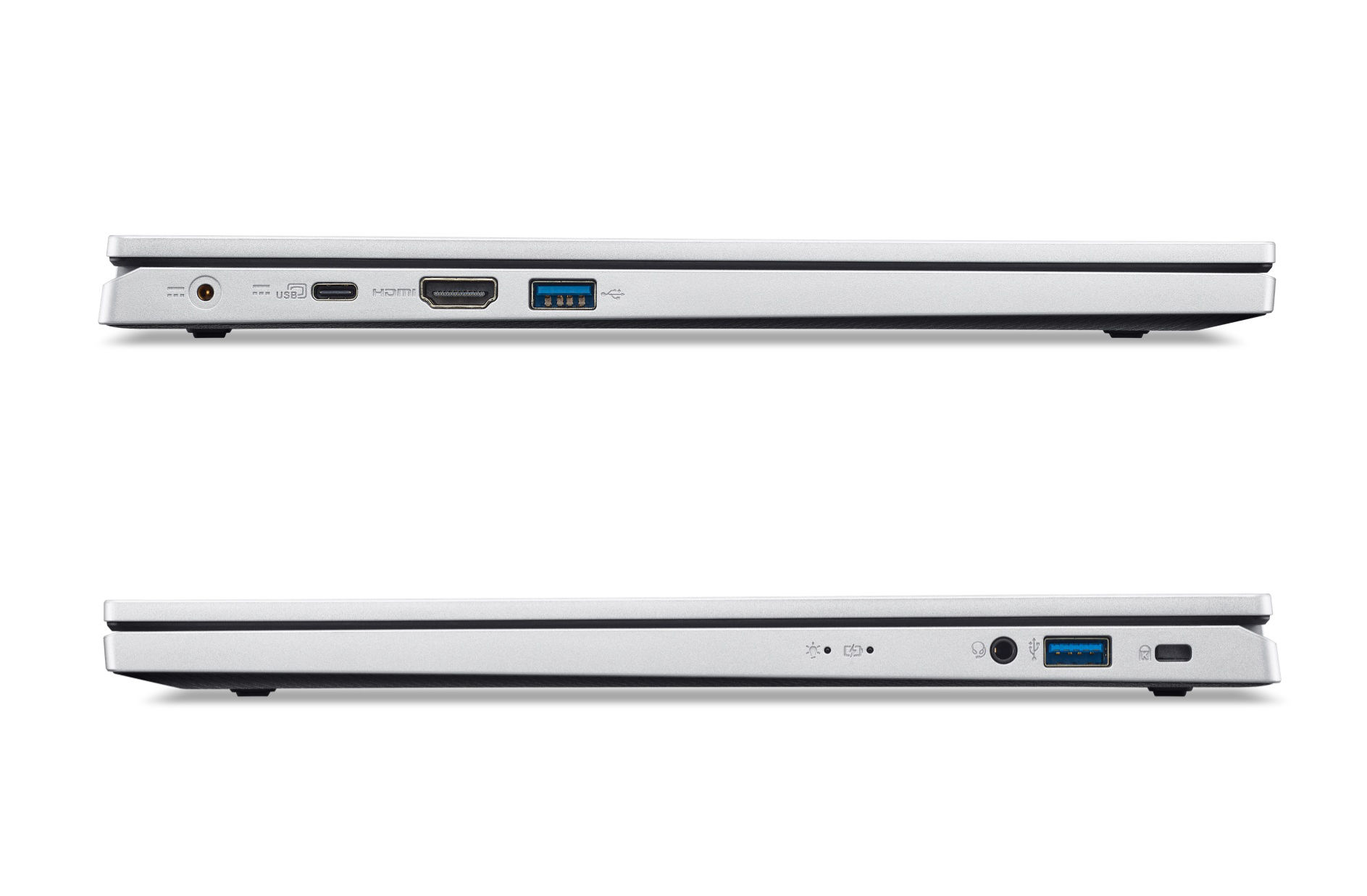 Connectique de l'Acer Aspire Go 15 AG15-32P-33L3 (USB-C, HDMI, USB, audio) Connectique latérale de l'Acer Aspire Go 15 AG15-32P-33L3 avec USB, USB-C, HDMI et prise casque