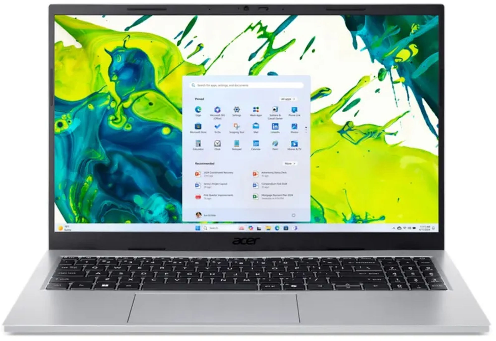 Écran 15,6 pouces Full HD de l’Acer Aspire Go 15 AG15-72P-32YM Acer Aspire Go 15 AG15-72P-32YM vu de face avec Windows 11 affiché