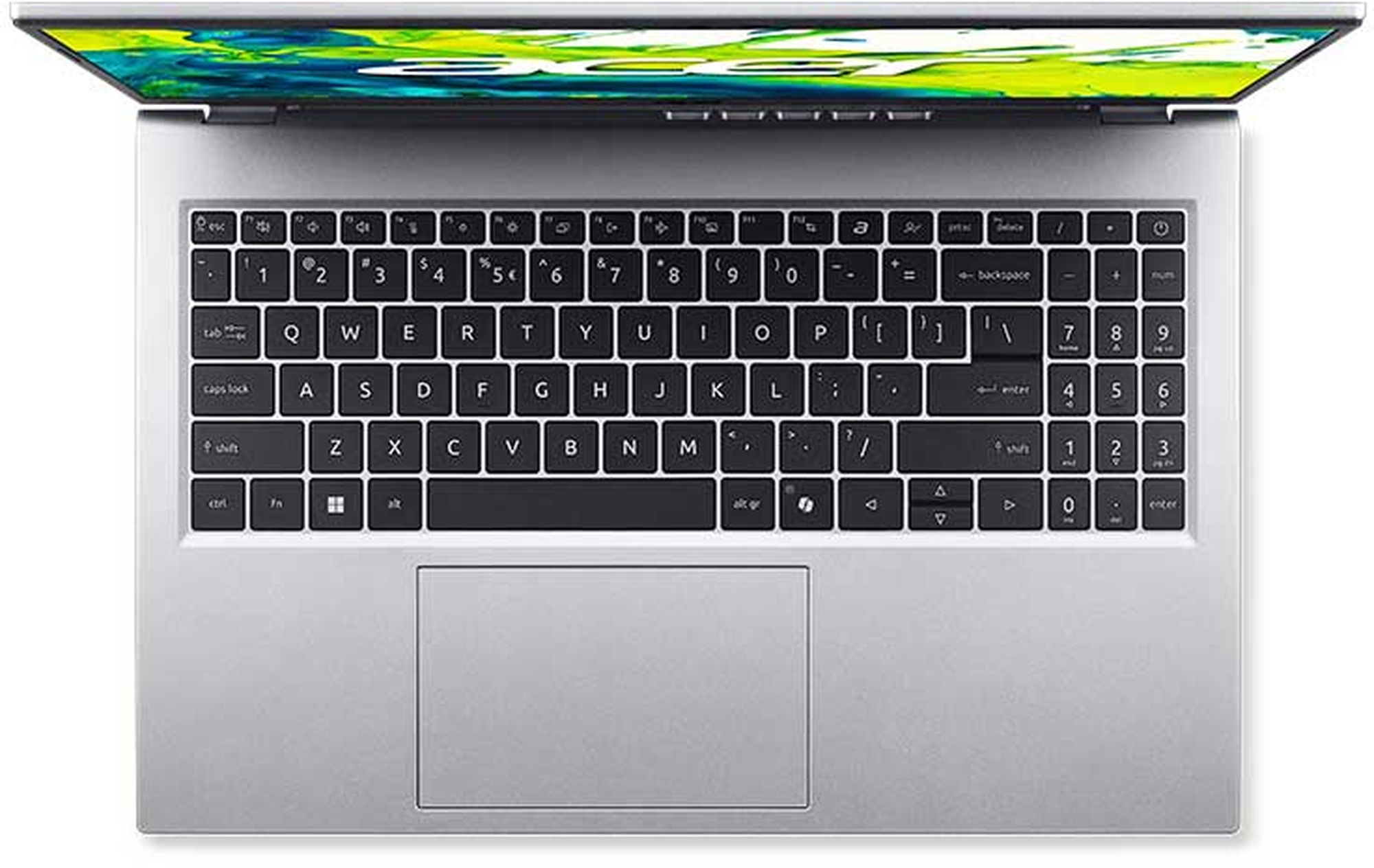 Clavier complet avec pavé numérique de l’Acer Aspire Go 15 AG15-72P-32YM Clavier de l’Acer Aspire Go 15 AG15-72P-32YM vu de dessus avec pavé numérique