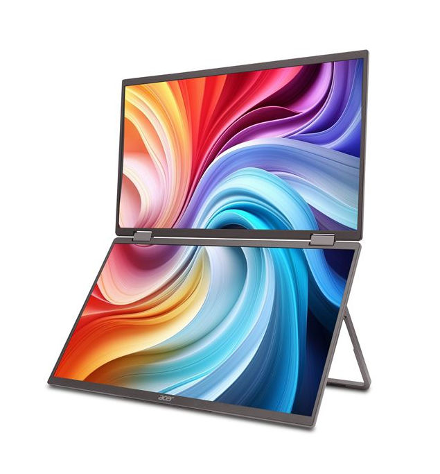 Acer PD163QT en support chevalet pour le travail nomade Acer PD163QT en position chevalet derrière un PC portable