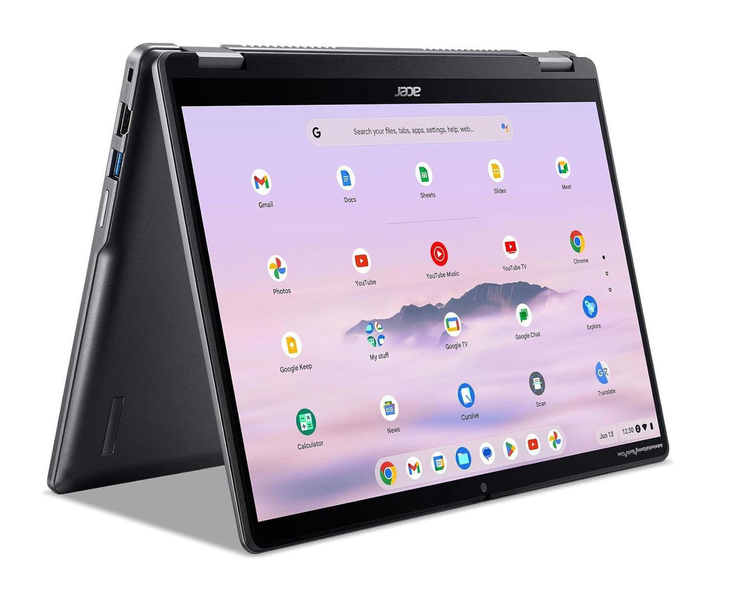 Acer Chromebook Plus Spin CP514-4HN-35LP en configuration convertible Acer Chromebook Plus Spin CP514-4HN-35LP utilisé en mode chevalet