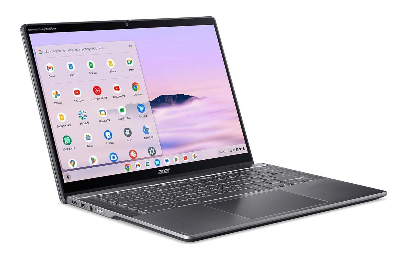 Écran tactile IPS de l’Acer Chromebook Plus Spin CP514-4HN-35LP Vue ouverte de l’Acer Chromebook Plus Spin CP514-4HN-35LP et de son écran tactile 14 pouces