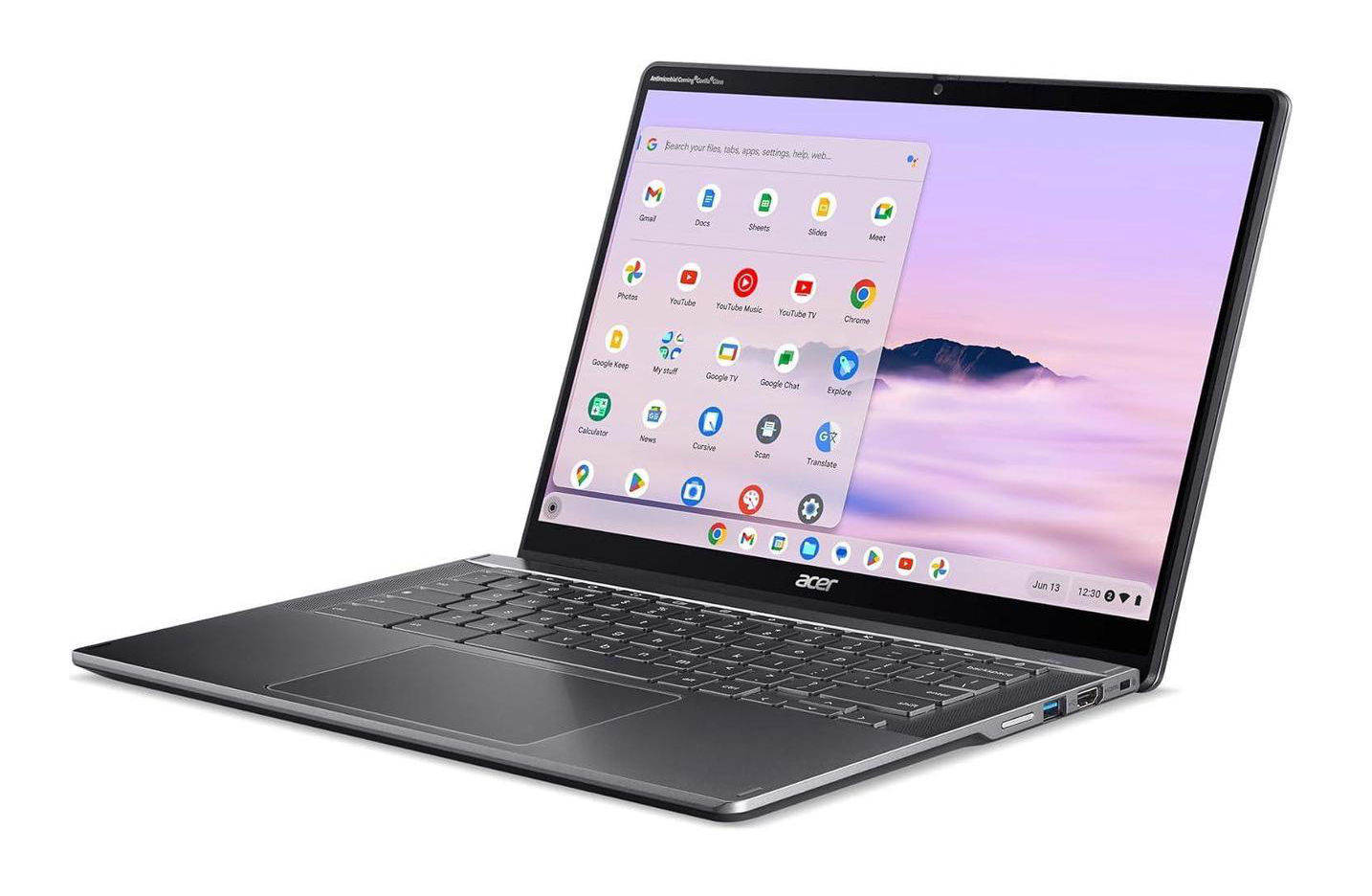 Acer Chromebook Plus Spin CP514-4HN-35LP sous ChromeOS Acer Chromebook Plus Spin CP514-4HN-35LP présenté en position ordinateur portable