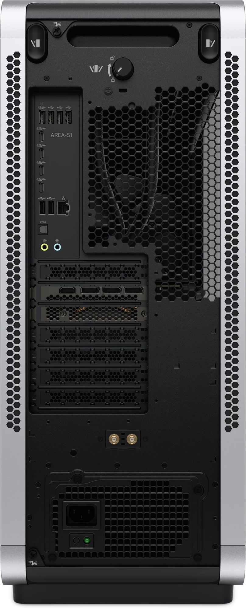 Alienware Area-51 AAT2265 - connectique arrière complète Connectique arrière de l'Alienware Area-51 AAT2265 avec ports USB, réseau et sorties vidéo