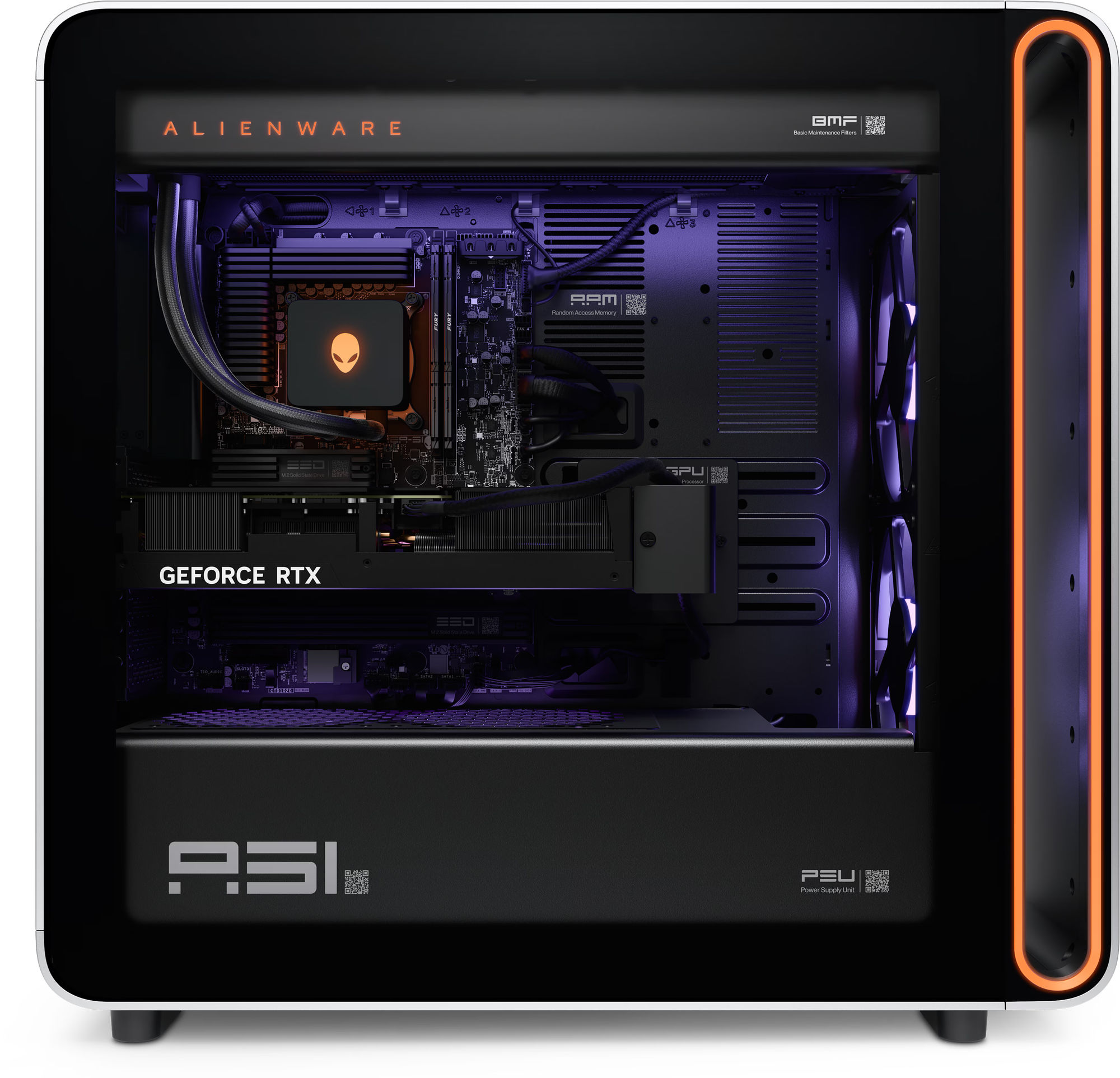 Alienware Area-51 AAT2265 - intérieur avec GeForce RTX et watercooling Intérieur de l'Alienware Area-51 AAT2265 avec carte graphique GeForce RTX et refroidissement liquide