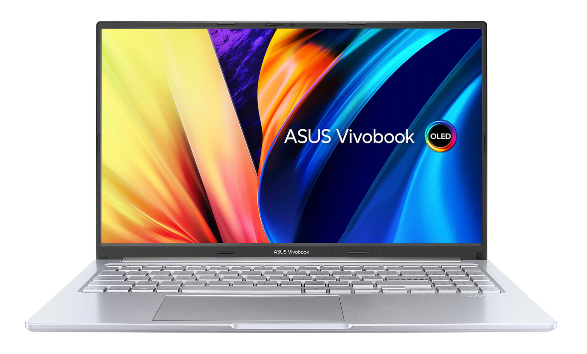 Écran OLED 15,6 pouces du Vivobook 15 S1505 : idéal pour le télétravail et le streaming Asus Vivobook 15 OLED S1505 vu de face avec l’écran et le clavier argent