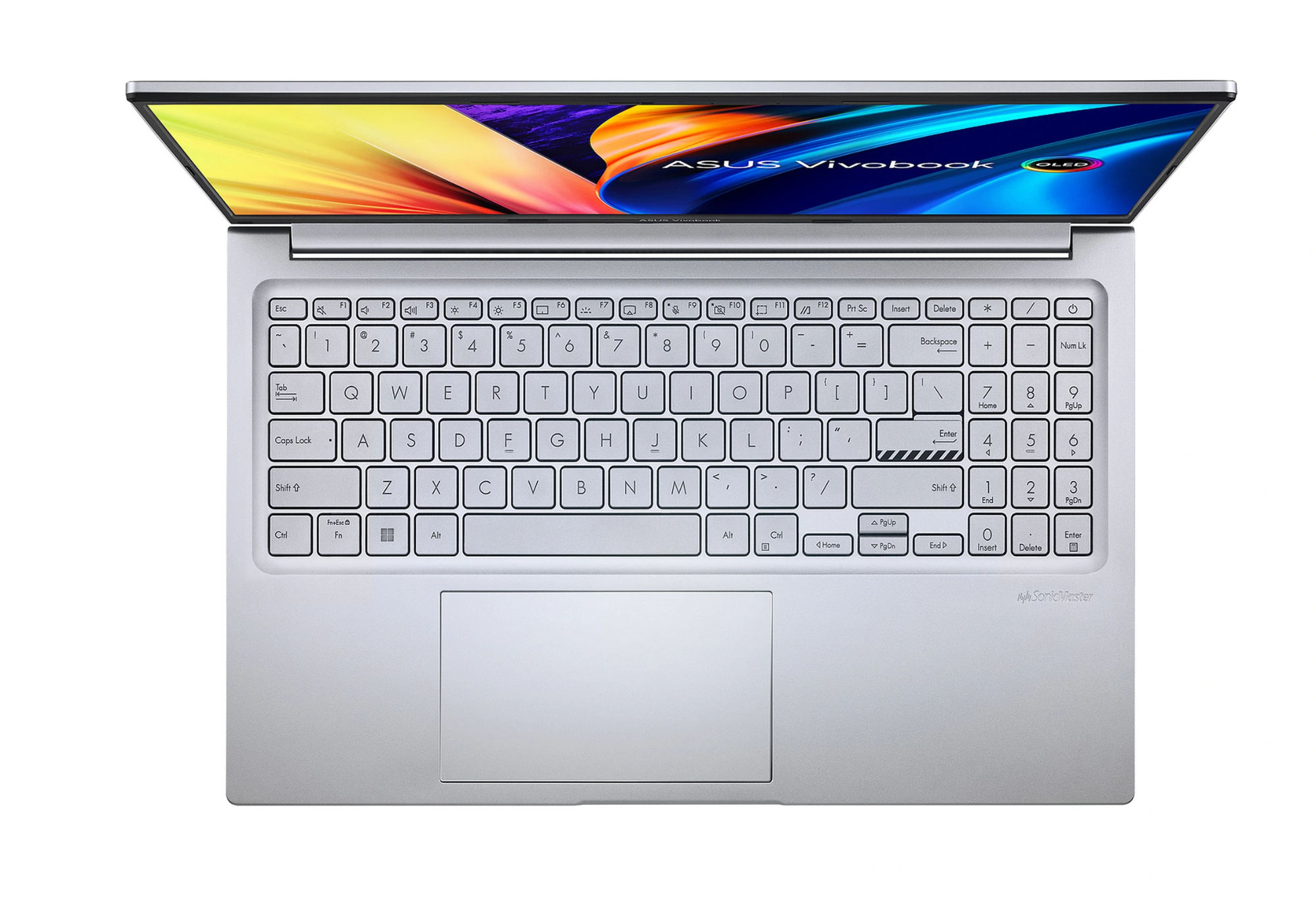 Clavier AZERTY rétroéclairé avec pavé numérique du Asus Vivobook 15 OLED S1505 Vue du dessus du clavier rétroéclairé et du pavé numérique du Vivobook 15 OLED