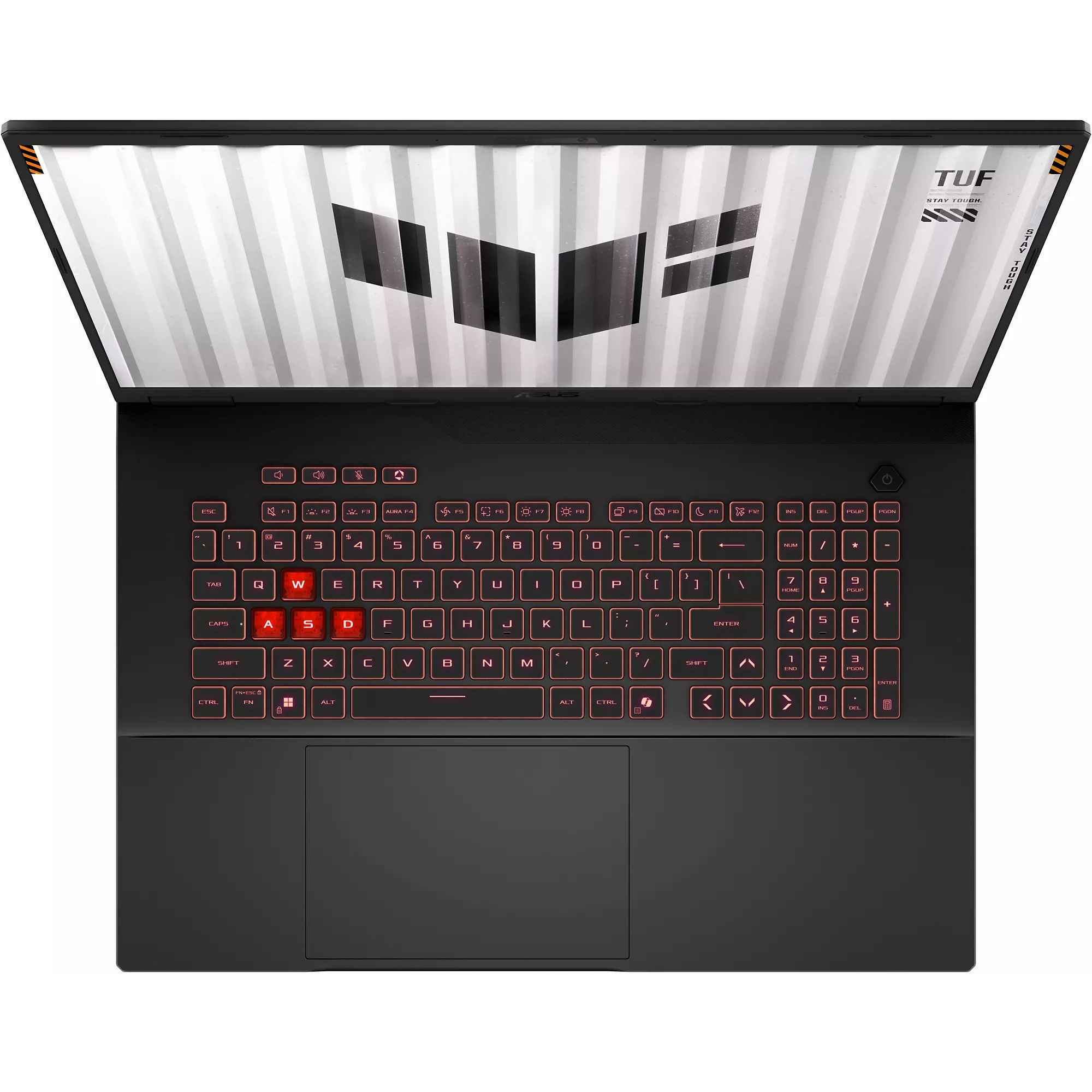 Clavier gamer AZERTY avec pavé numérique de l’Asus TUF Gaming A16 TUF608PM-RV060W Vue du dessus du clavier rétroéclairé de l’Asus TUF Gaming A16 TUF608PM-RV060W
