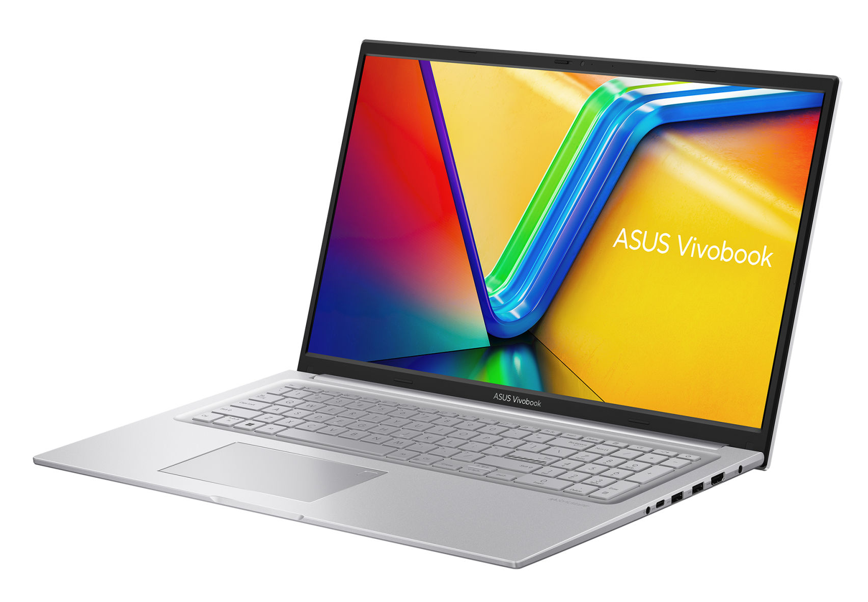 Asus Vivobook 17 X1704VA-AU851W : connectique et châssis argent Asus Vivobook 17 X1704VA-AU851W, vue de trois-quarts montrant l’épaisseur et la connectique