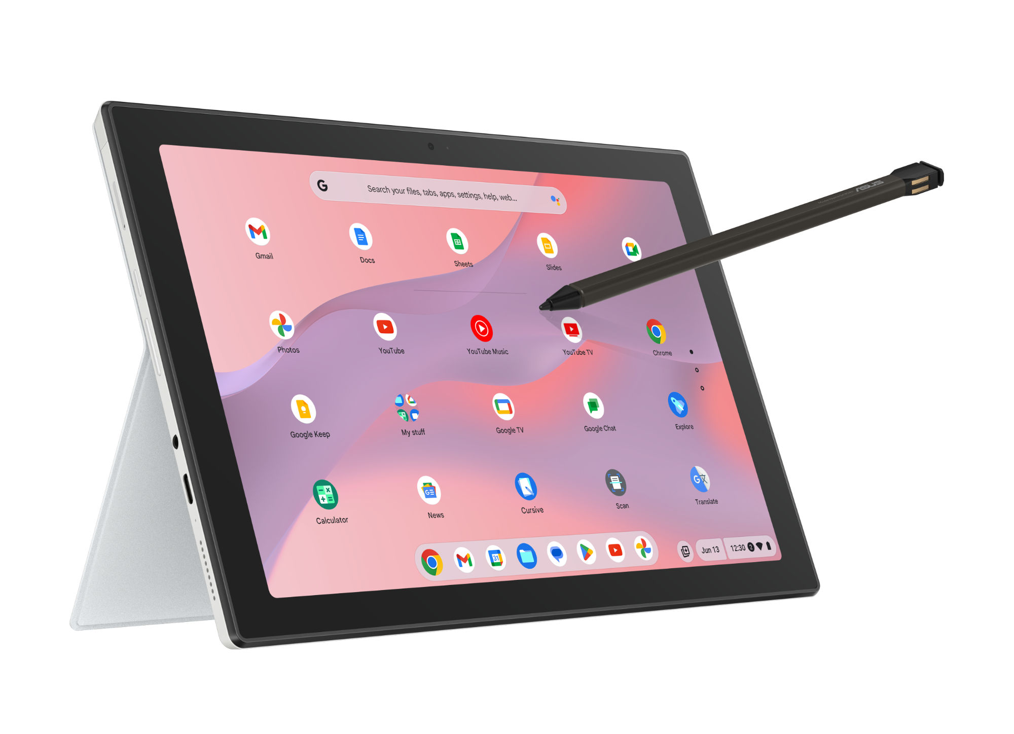Chromebook Asus CM3001DM2A-R70177 : usage tactile mis en avant Chromebook Asus CM3001DM2A-R70177 posé sur son support avec un stylet illustrant l'usage tactile