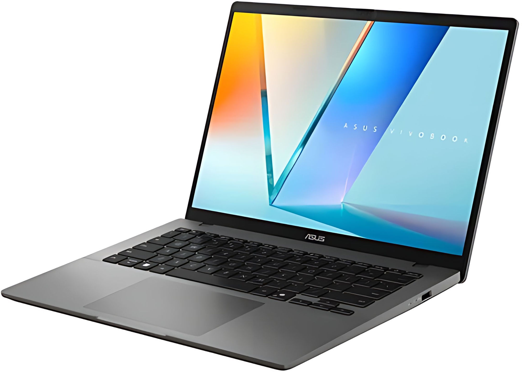 Asus Vivobook 14 M3407KA-PRO-OLED-SF8X : châssis compact et écran aux bordures fines Vue de trois-quarts de l’Asus Vivobook 14 M3407KA-PRO-OLED-SF8X