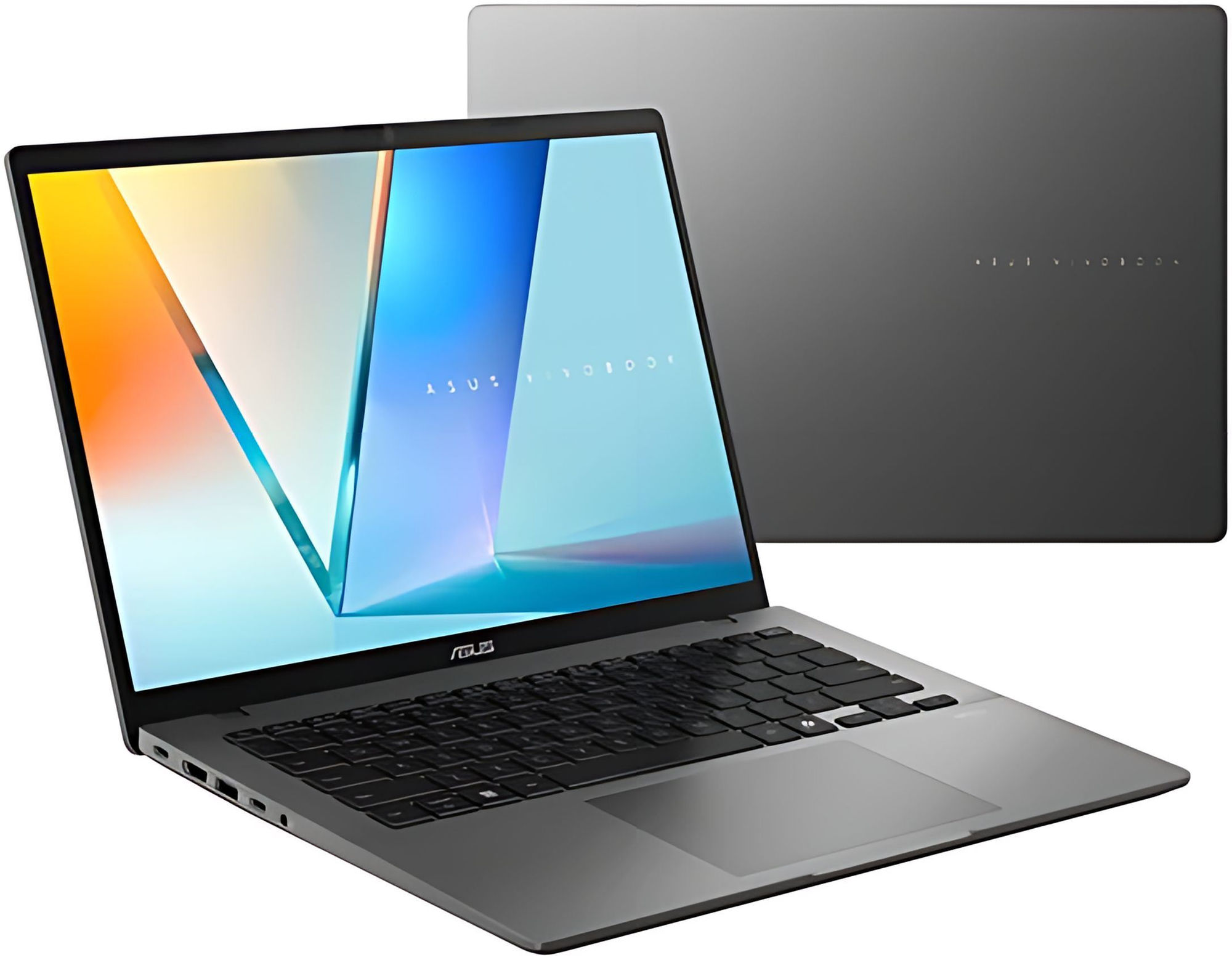 Design sobre du Asus Vivobook 14 M3407KA-PRO-OLED-SF8X adapté au bureau et aux études Asus Vivobook 14 M3407KA-PRO-OLED-SF8X ouvert avec vue sur le capot arrière