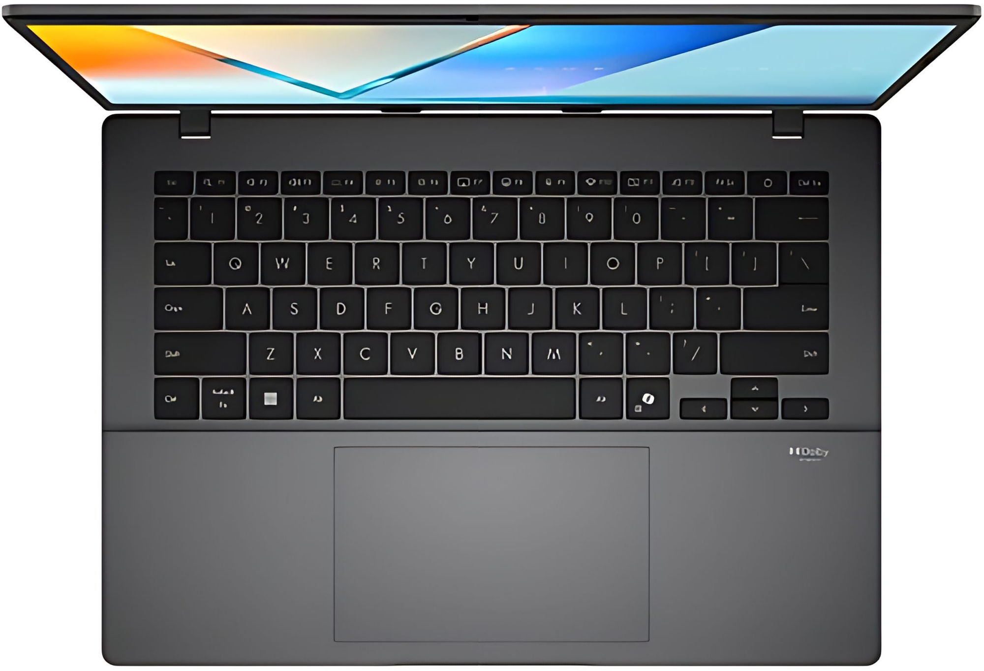Clavier AZERTY rétroéclairé et grande zone de touchpad sur le Vivobook 14 M3407KA-PRO-OLED-SF8X Clavier de l’Asus Vivobook 14 M3407KA-PRO-OLED-SF8X vu du dessus