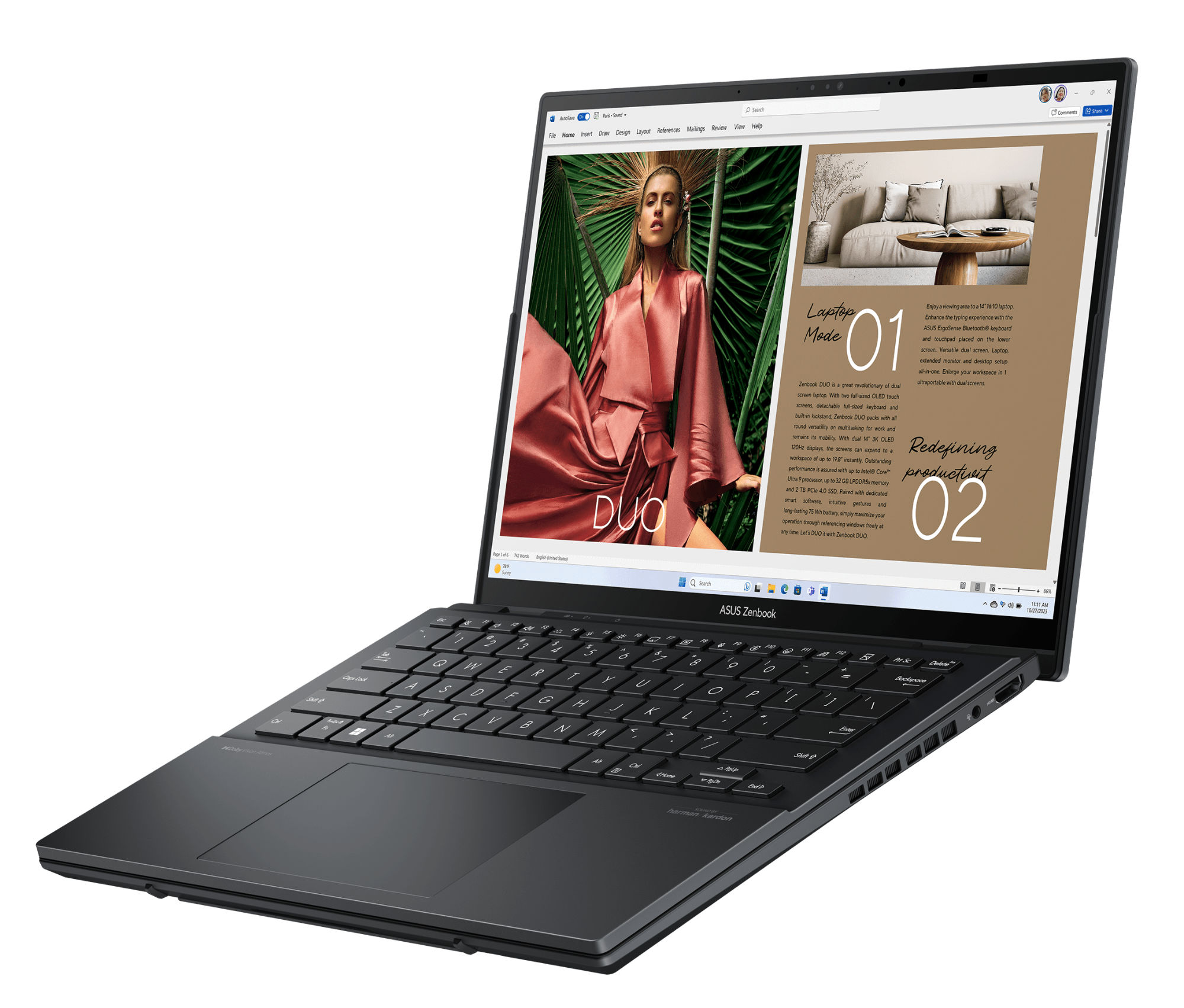 Profil élégant du Zenbook Duo 2024 UX8406CA-PZ264W Vue de côté de l Asus Zenbook Duo 2024 UX8406CA-PZ264W en mode portable