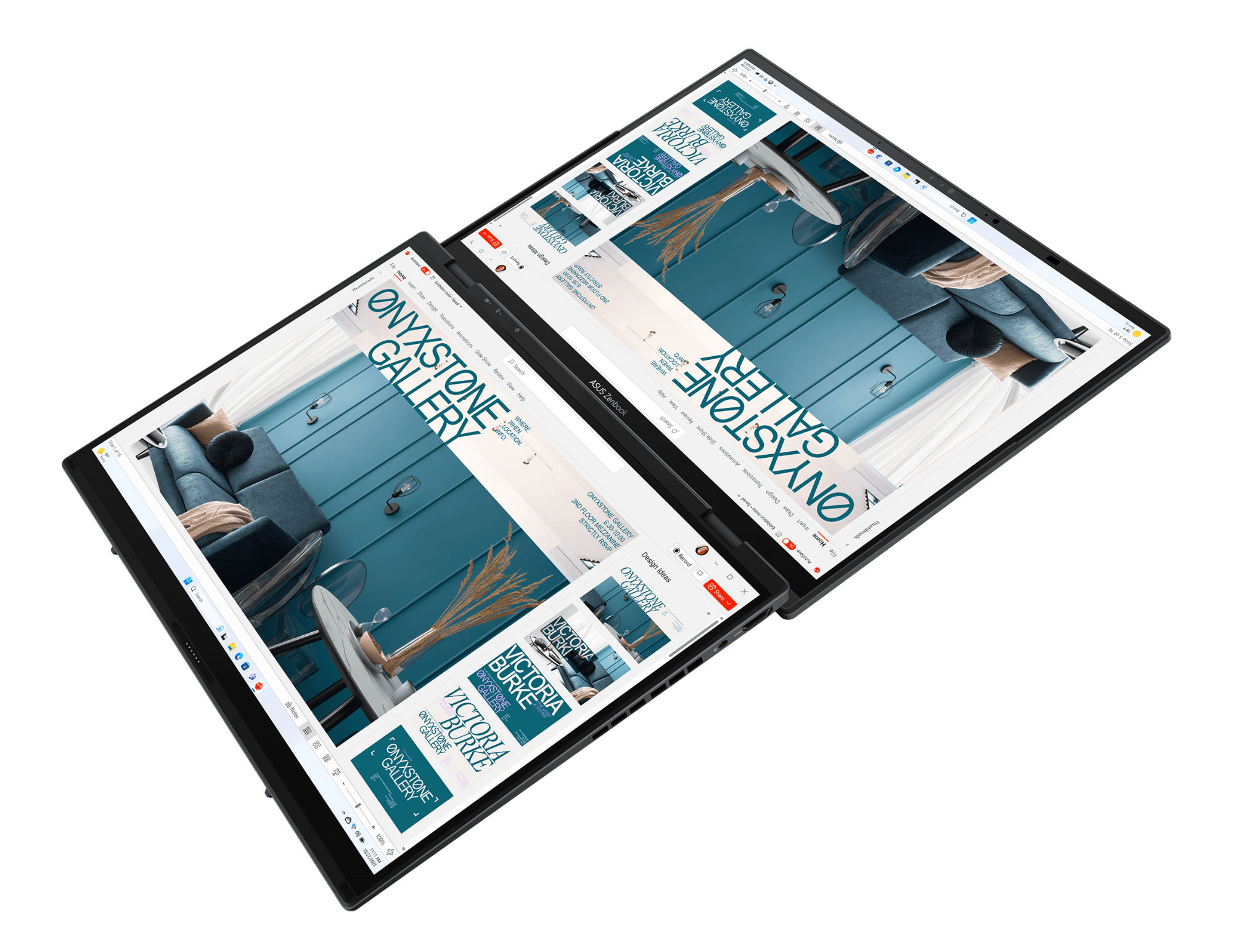 Mode double écran étendu du Zenbook Duo 2024 Asus Zenbook Duo 2024 UX8406CA-PZ264W à plat avec deux écrans OLED côte à côte