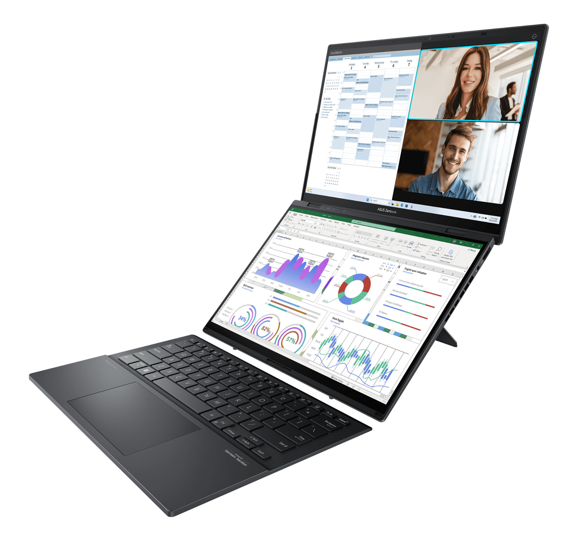 Asus Zenbook Duo 2024 UX8406CA-PZ264W : idéal pour le multitâche pro Asus Zenbook Duo 2024 UX8406CA-PZ264W en situation de travail avec visioconférence et tableaux de bord