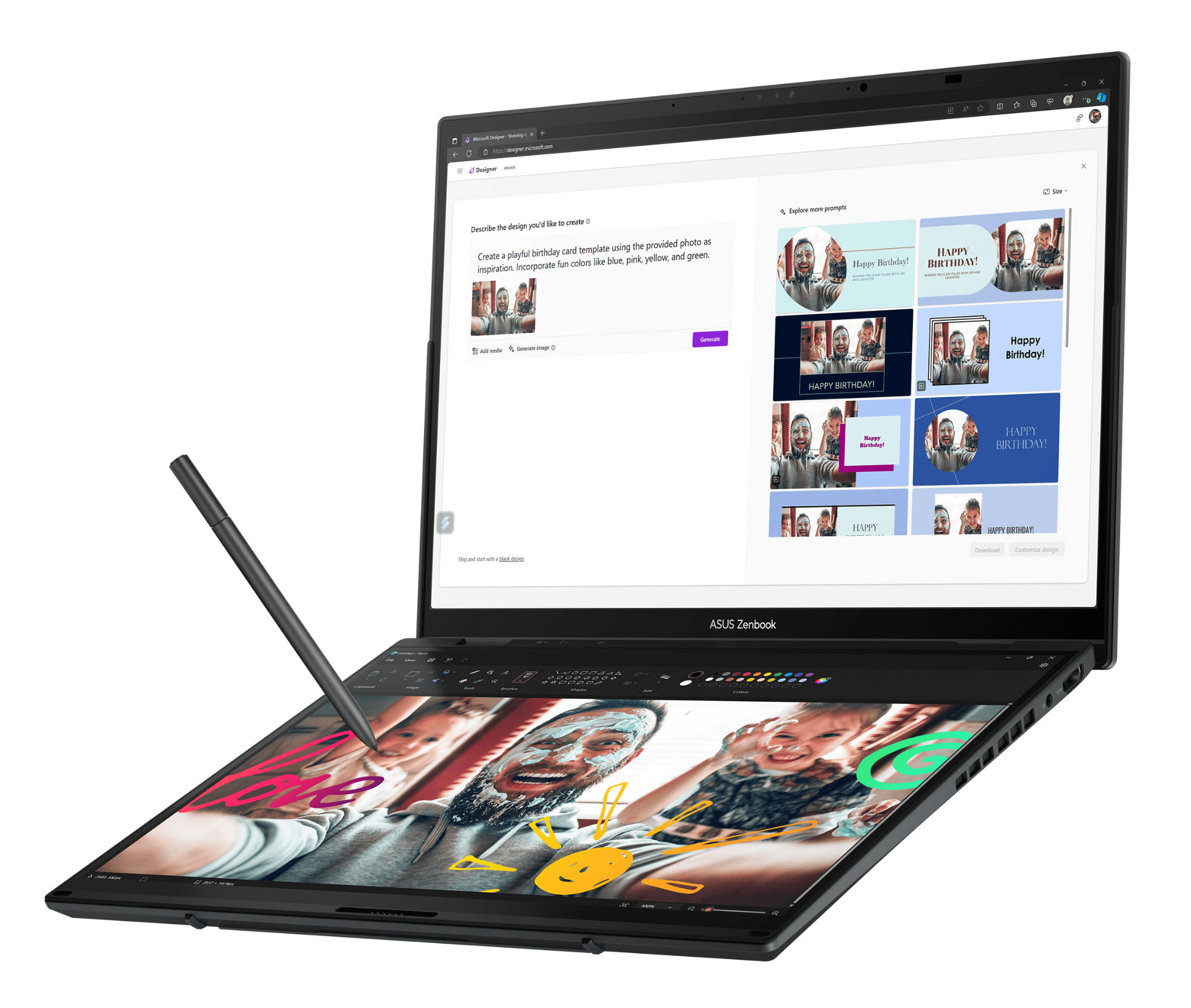 Stylet actif et double écran sur le Zenbook Duo UX8406CA-PZ264W Asus Zenbook Duo 2024 UX8406CA-PZ264W avec stylet actif sur l écran secondaire