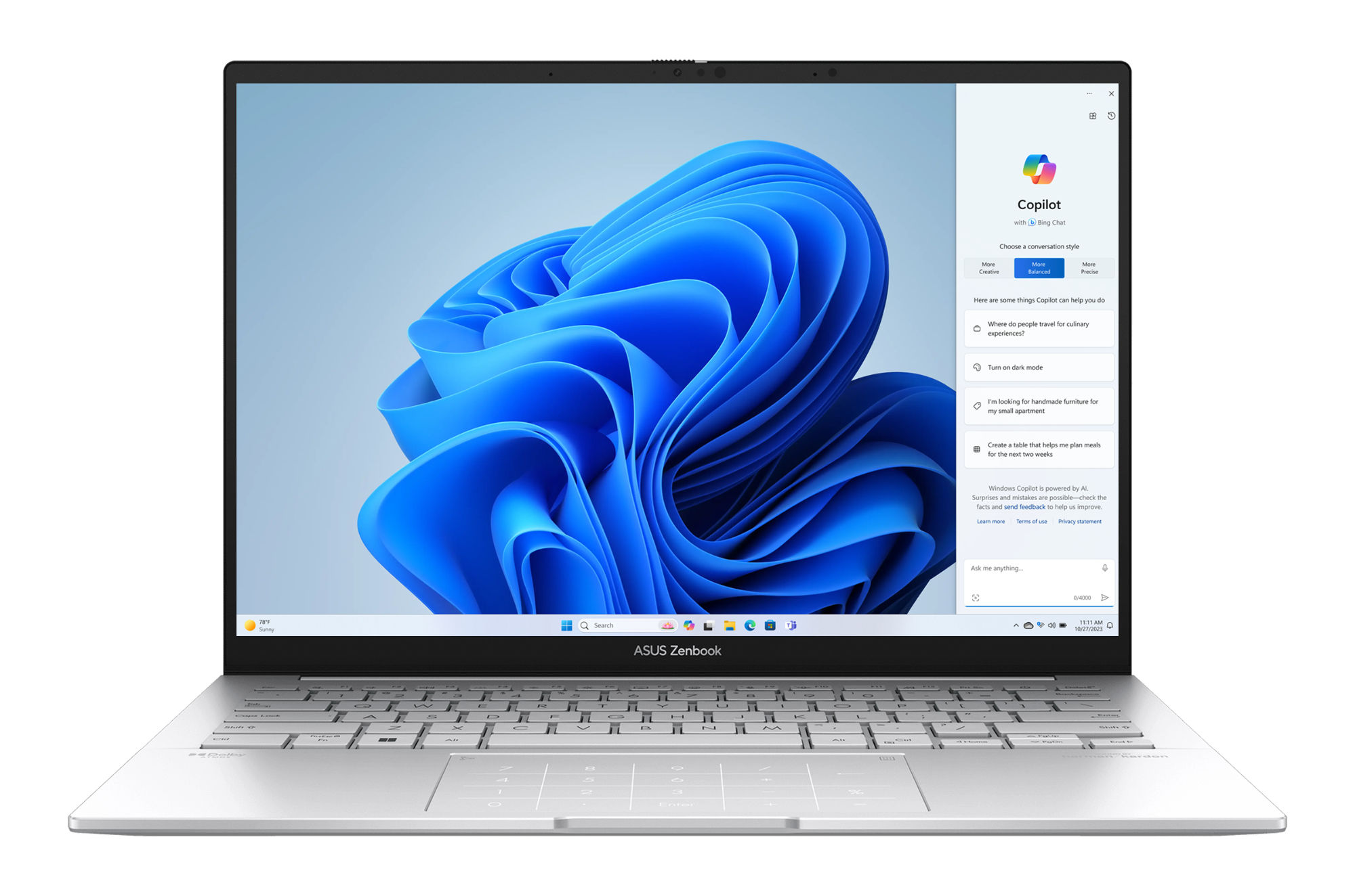 Asus ZenBook 14 OLED UX3405CA-ISCQD1266W vue de face écran allumé Asus ZenBook 14 OLED UX3405CA-ISCQD1266W vue de face écran allumé