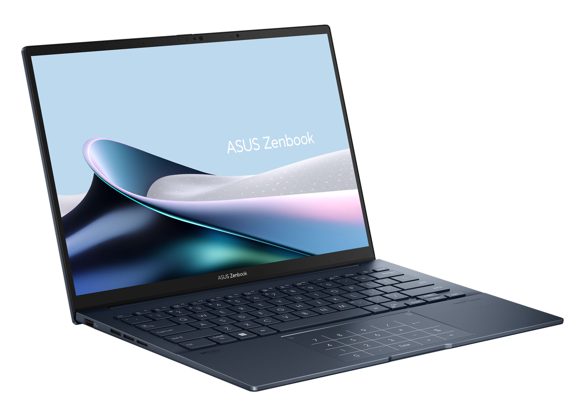 Asus ZenBook 14 OLED UX3405CA-DICQD1121X - vue ouverte de trois quarts Asus ZenBook 14 OLED UX3405CA-DICQD1121X ouvert de trois quarts avec écran OLED