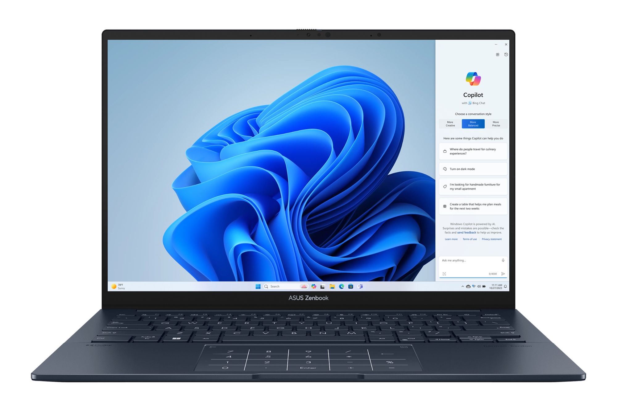 Asus ZenBook 14 OLED UX3405CA-DICQD1121X - vue de face Asus ZenBook 14 OLED UX3405CA-DICQD1121X vue de face avec écran Windows 11