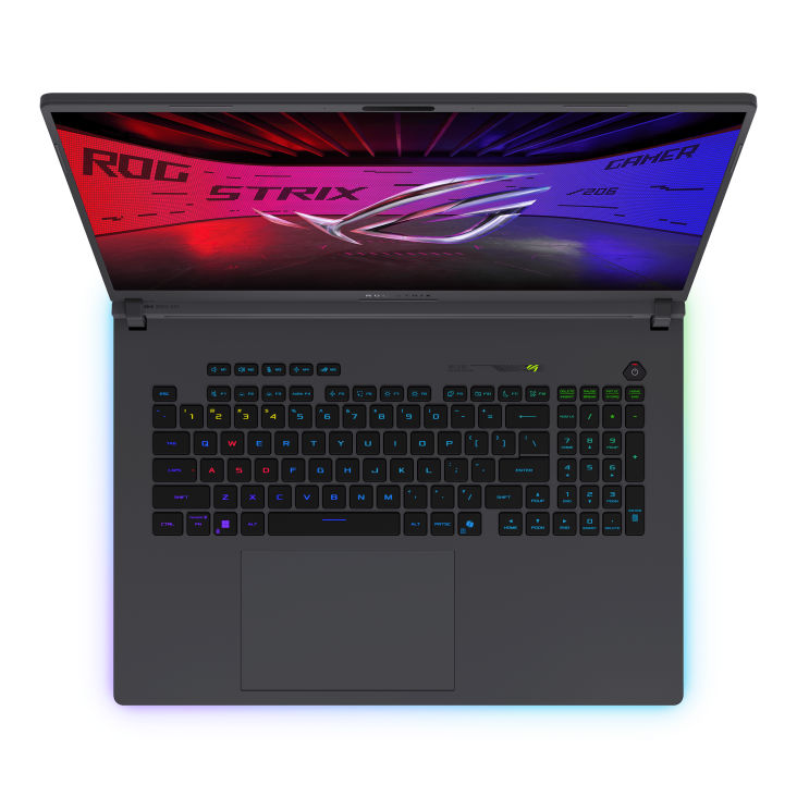 Asus ROG Strix SCAR 18 G835LWG-DRFQ296W clavier et écran vus du dessus Asus ROG Strix SCAR 18 G835LWG-DRFQ296W clavier et écran vus du dessus