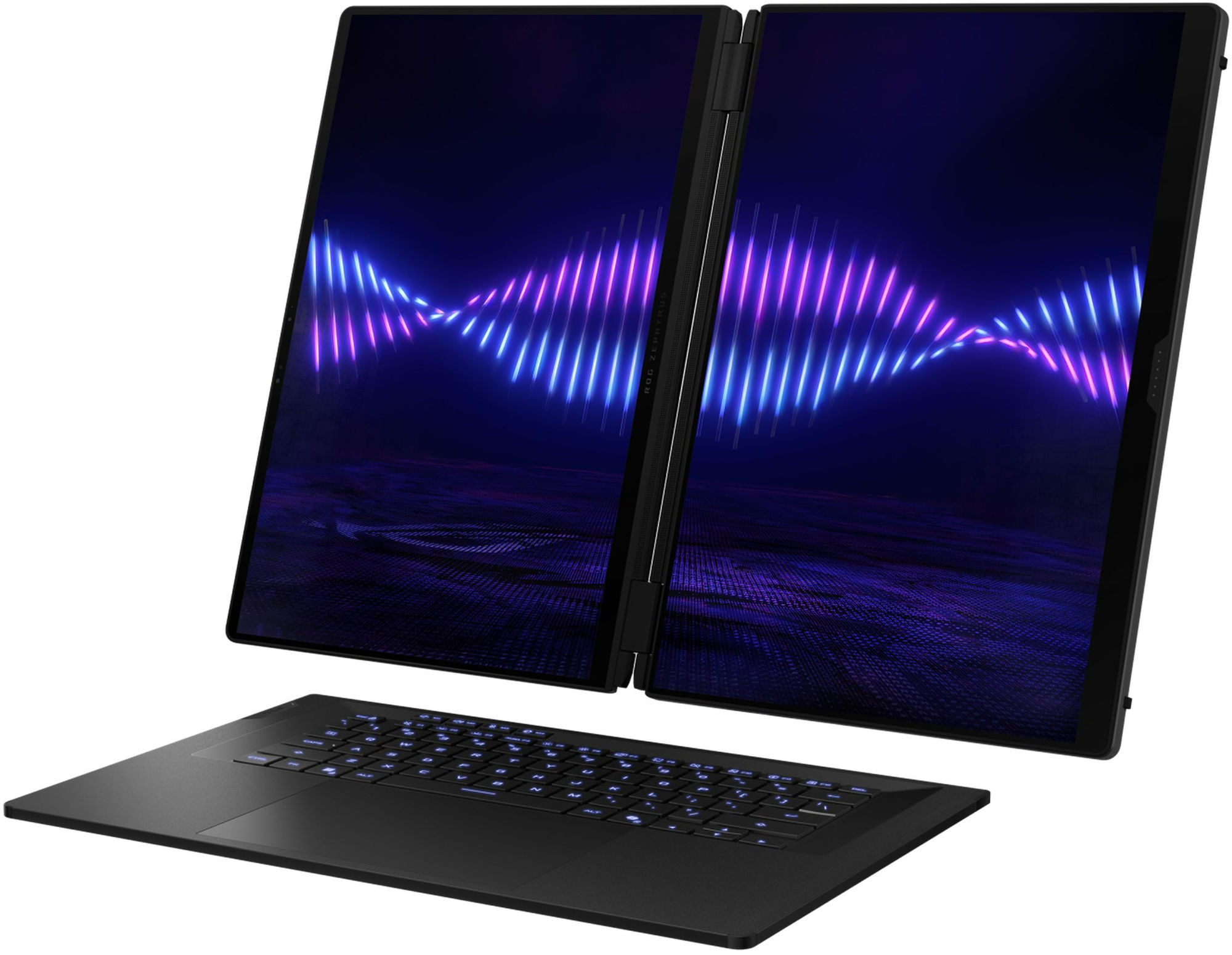 Asus ROG Zephyrus Duo 16 GX651AR-DR0W en configuration double écran ouverte Asus ROG Zephyrus Duo 16 GX651AR-DR0W en configuration double écran ouverte