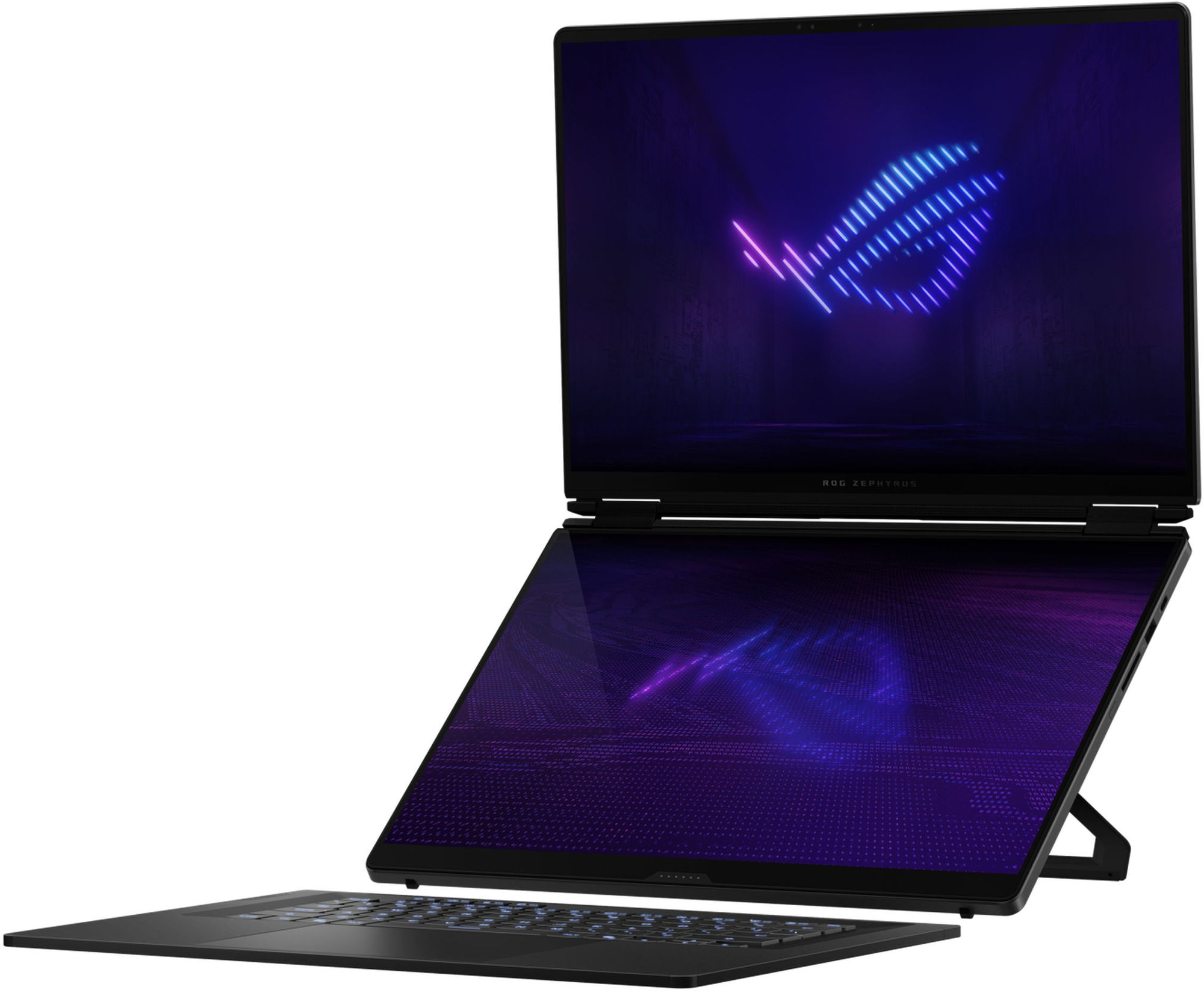 Asus ROG Zephyrus Duo 16 GX651AR-DR0W en vue inclinée avec écrans OLED Asus ROG Zephyrus Duo 16 GX651AR-DR0W en vue inclinée avec écrans OLED