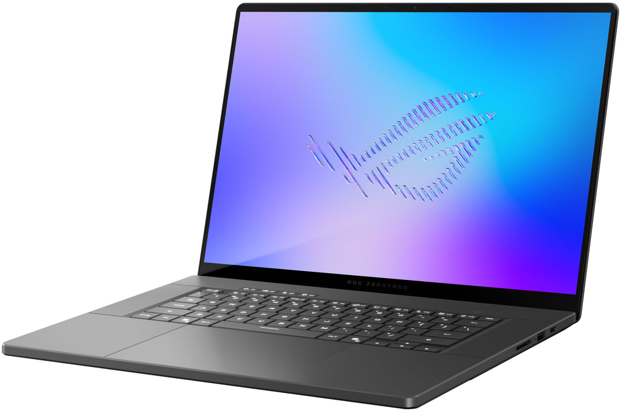 Asus ROG Zephyrus G16 GU606AR-DRF5 vue ouverte en perspective Asus ROG Zephyrus G16 GU606AR-DRF5 vue ouverte en perspective