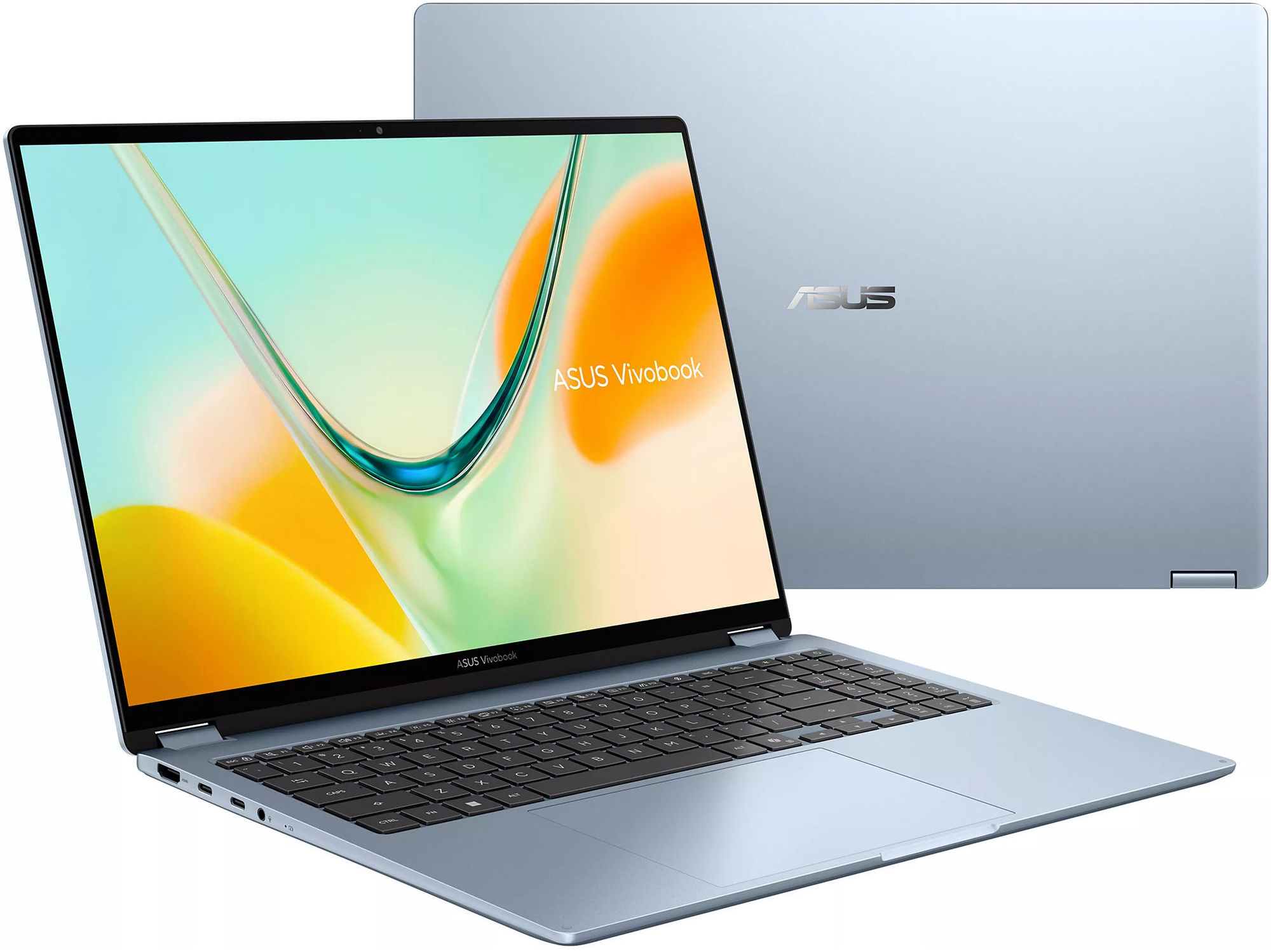 Asus Vivobook S16 Flip TP5608QA-U4031W vu de face et de dos Vue générale avant et arrière de l’Asus Vivobook S16 Flip TP5608QA-U4031W