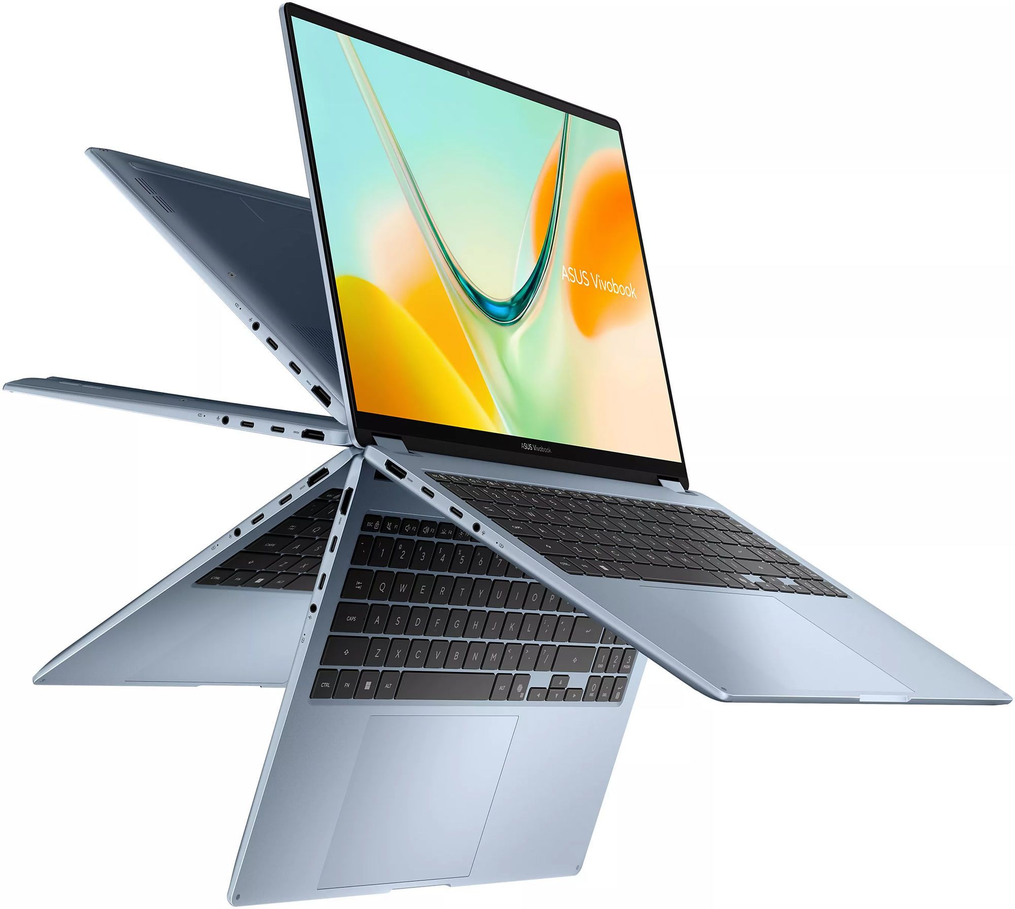 Modes convertible de l’Asus Vivobook S16 Flip TP5608QA-U4031W Différentes positions de la charnière 360 degrés de l’Asus Vivobook S16 Flip TP5608QA-U4031W