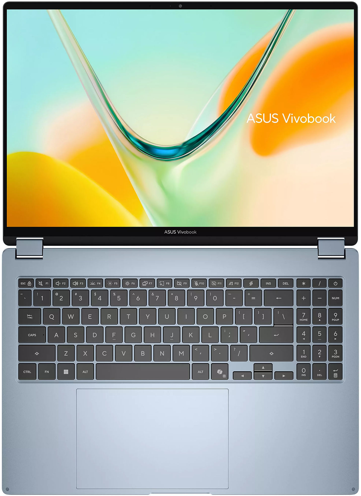 Clavier et touchpad de l’Asus Vivobook S16 Flip TP5608QA-U4031W Vue du dessus du clavier et du pavé tactile de l’Asus Vivobook S16 Flip TP5608QA-U4031W