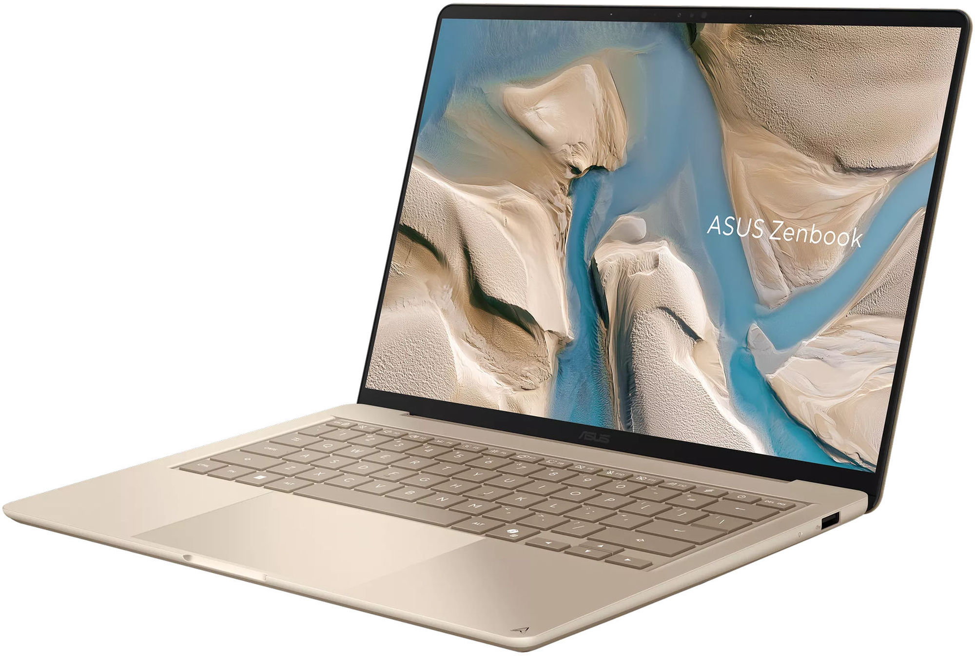 Asus ZenBook 14 UX3480QA-U1158W ouvert en vue de trois quarts Vue ouverte de trois quarts de l’Asus ZenBook 14 UX3480QA-U1158W couleur sable
