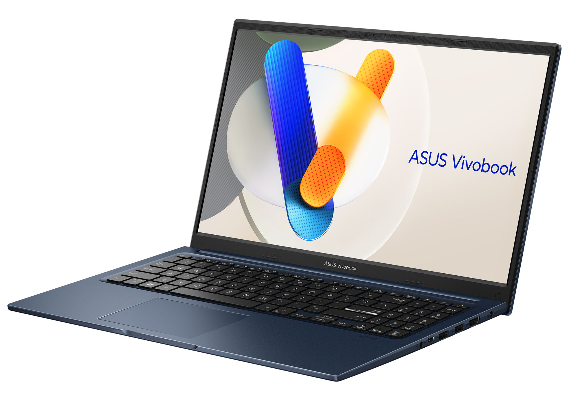 Asus VivoBook X15 X1504MA-BQ935W – vue trois quarts Vue trois quarts de l’Asus VivoBook X15 X1504MA-BQ935W avec son châssis bleu