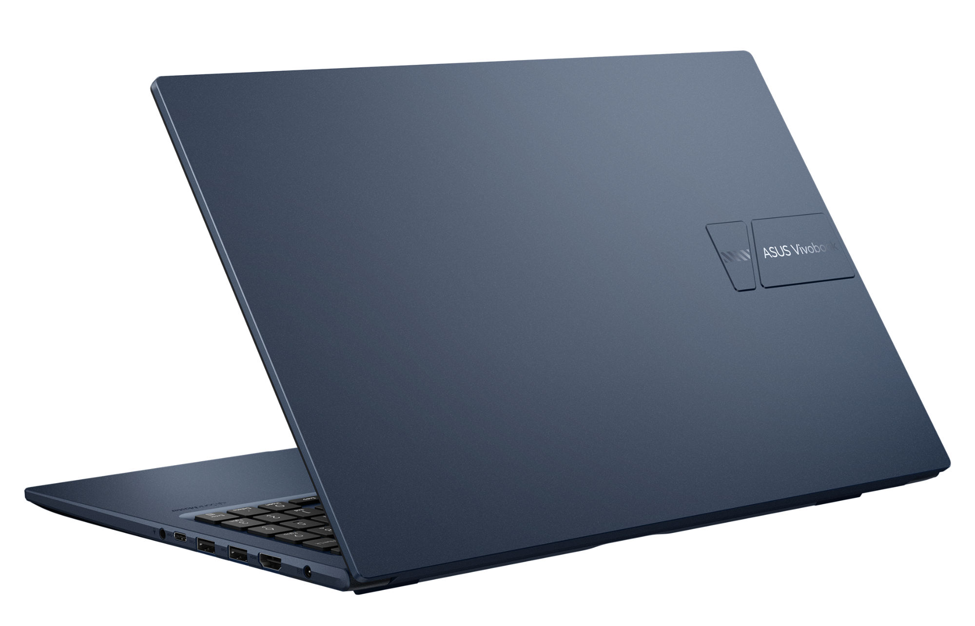 Asus VivoBook X15 X1504MA-BQ935W – vue arrière et connecteurs Vue arrière trois quarts et connecteurs de l’Asus VivoBook X15 X1504MA-BQ935W