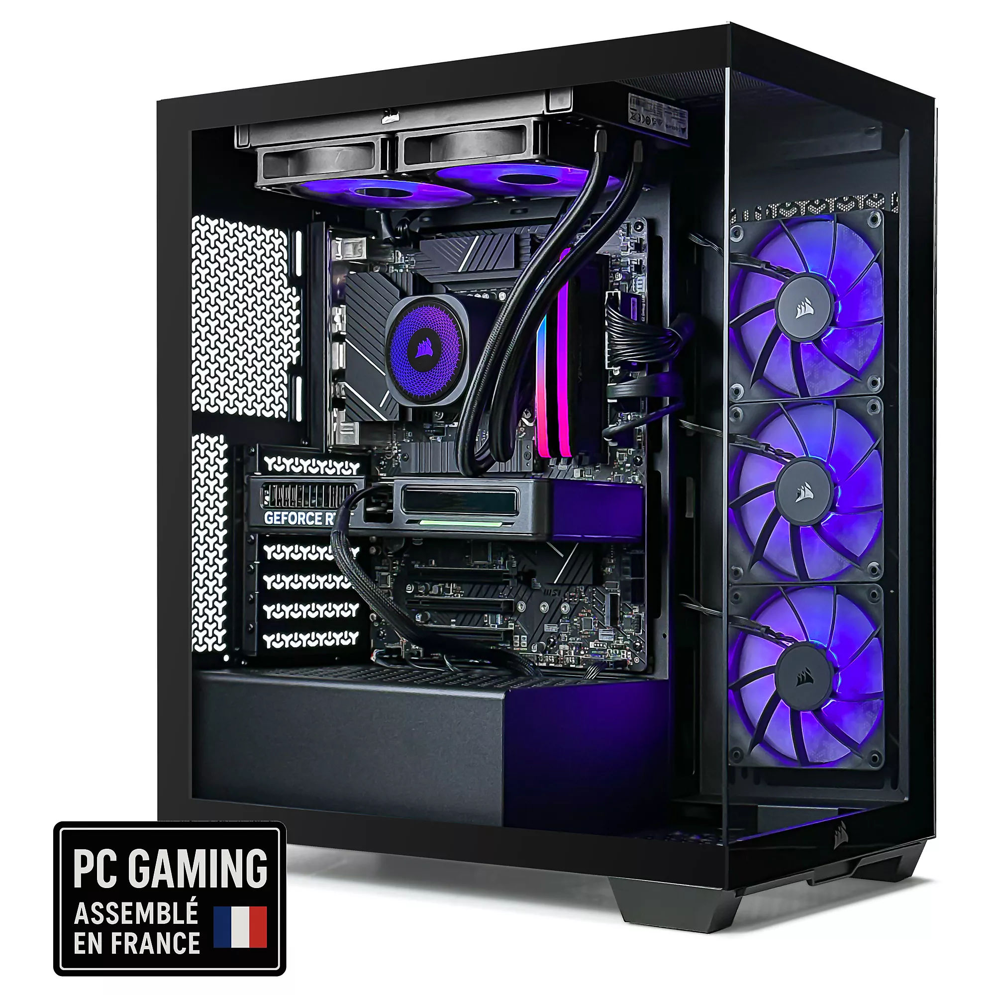 Corsair ICUE 3500X 3760363829126 - vue interne du PC gamer Corsair ICUE 3500X 3760363829126 vue interne avec watercooling et ventilateurs RGB