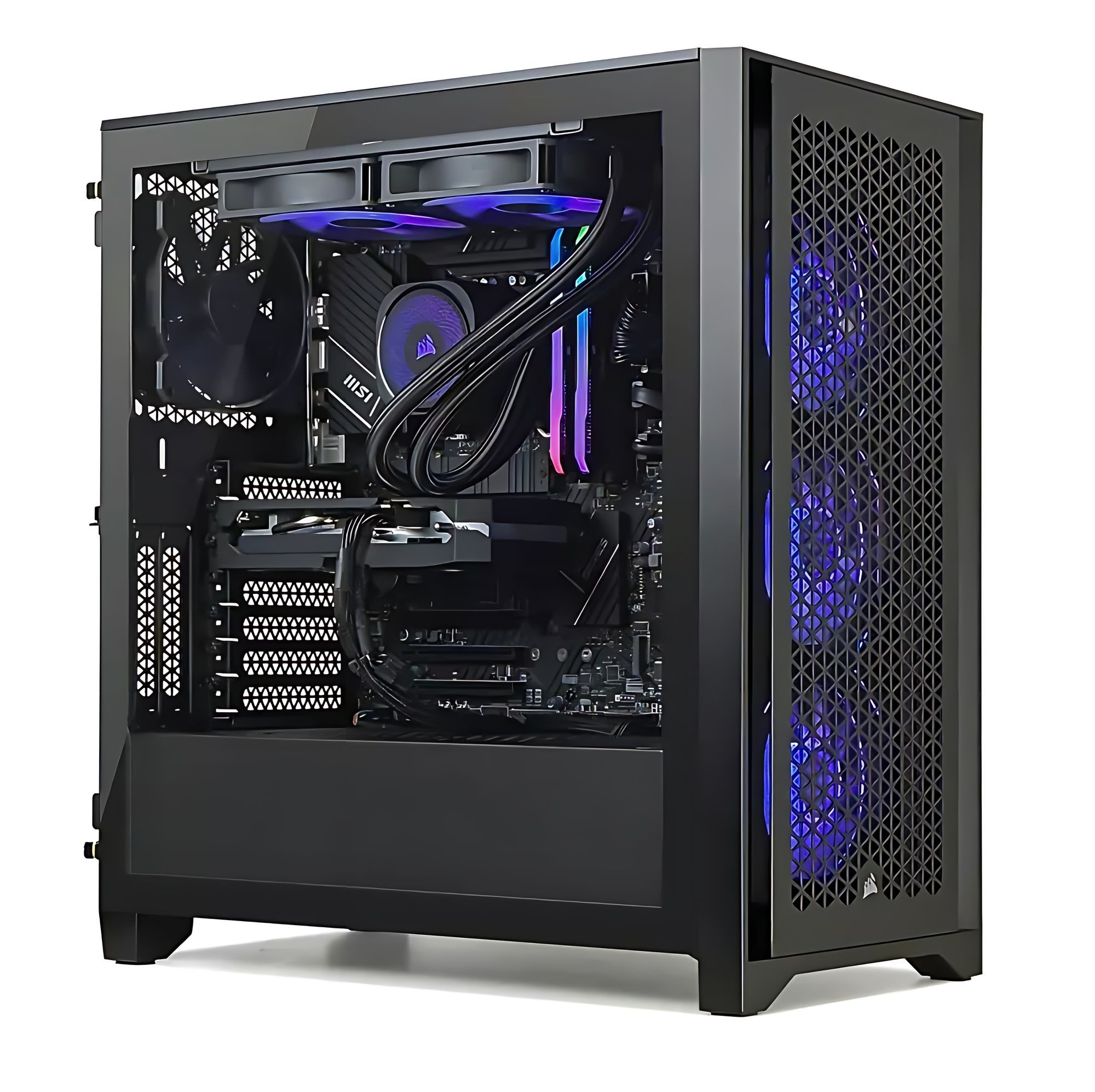 Corsair ICUE 4000D 5070R732G - watercooling et intérieur visible Corsair ICUE 4000D 5070R732G panneau latéral et watercooling