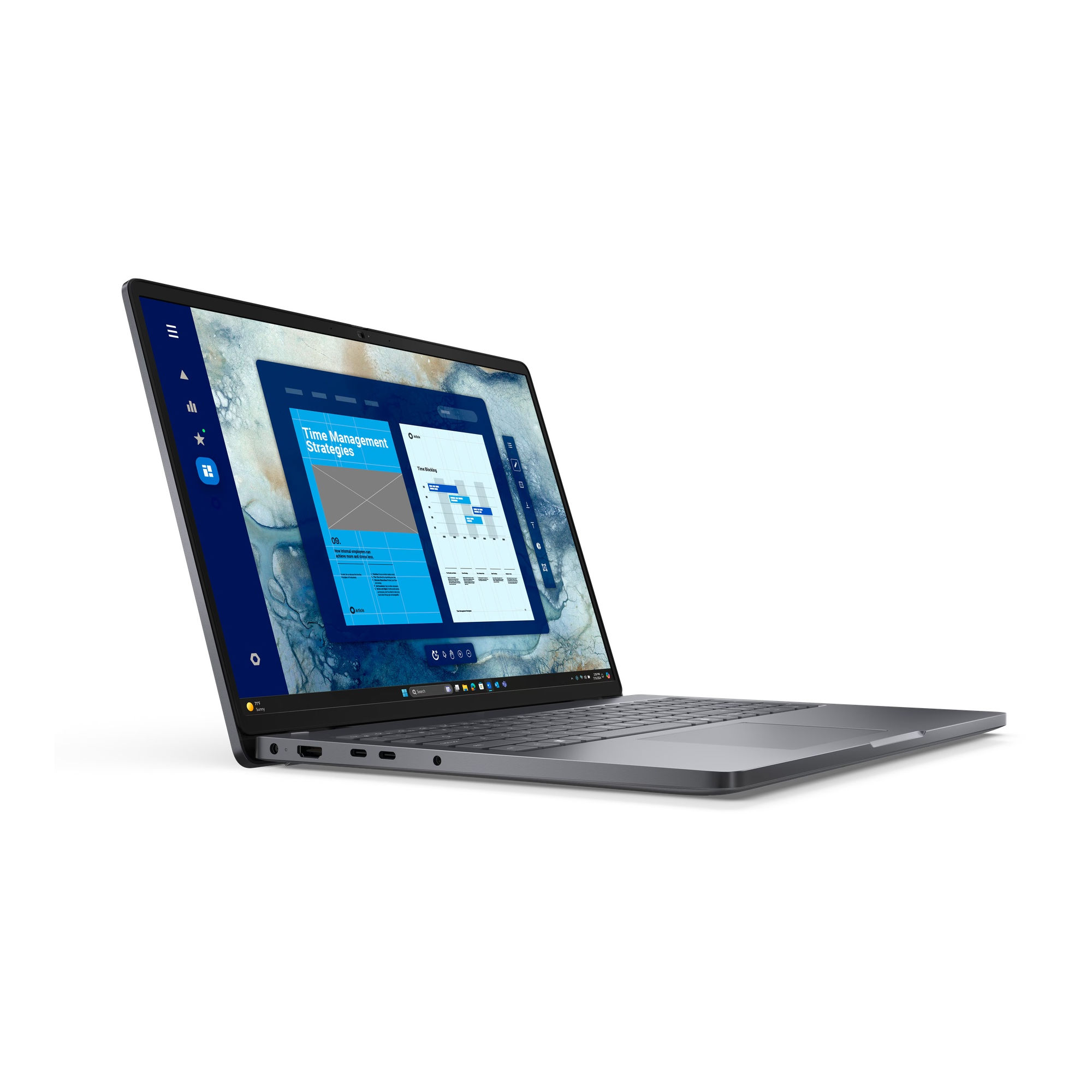 PC portable Dell Pro 16 PC16250-637 vu de trois quarts avec écran Windows 11
