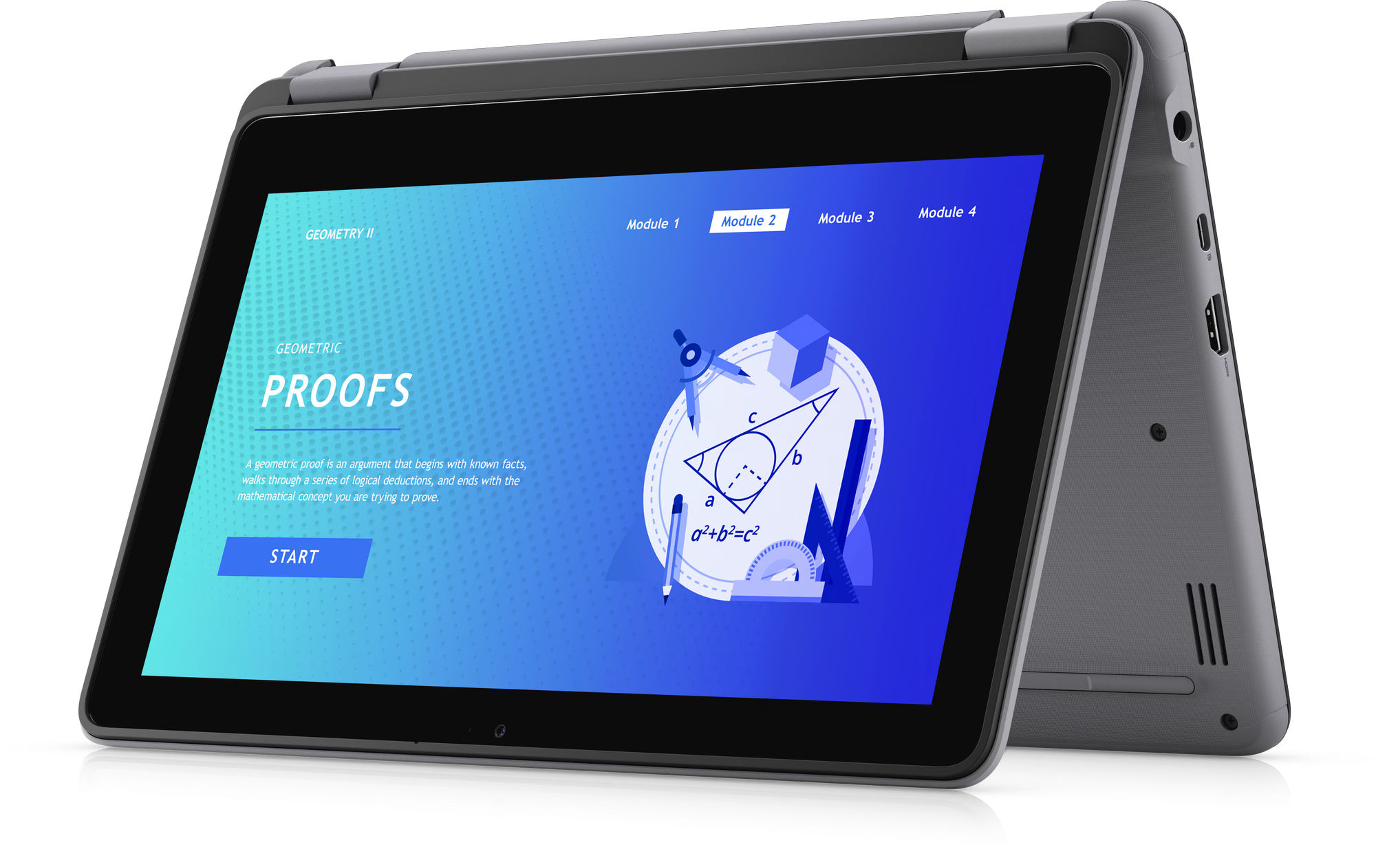 Design 2-en-1 du Dell Latitude 3140 pour un usage flexible Vue de profil du Dell Latitude 3140 en mode tente