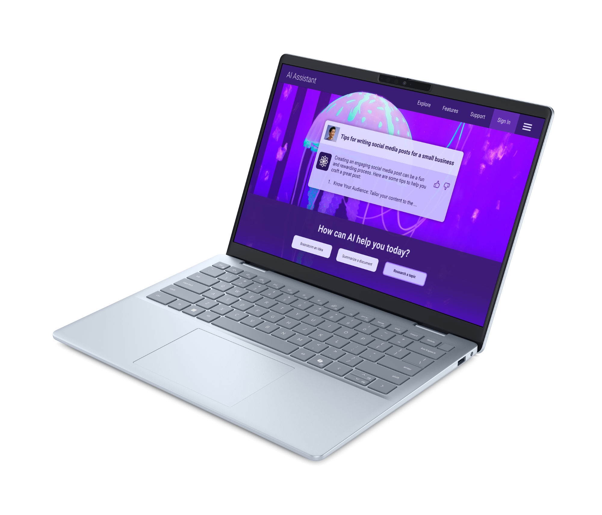 Design bleu du Dell 14 Plus cndb1425006sc pour une utilisation pro et étudiante Dell 14 Plus cndb1425006sc vu de trois quarts droit