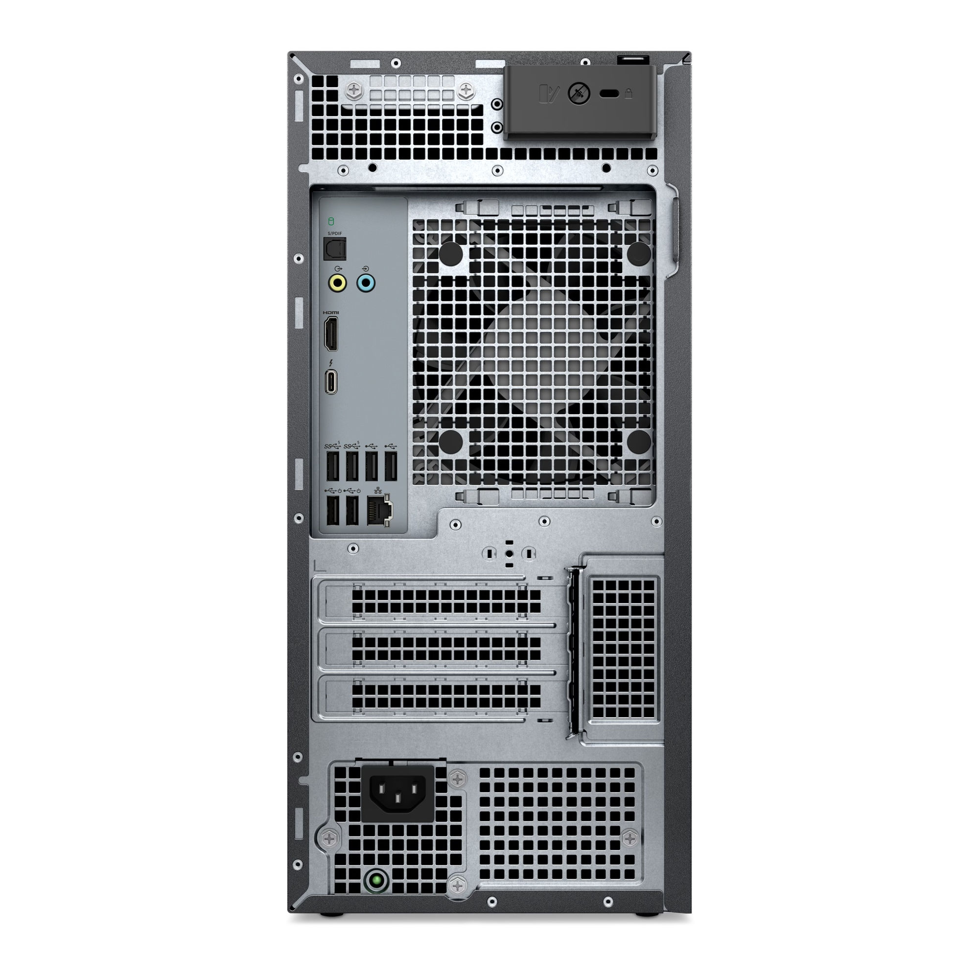 Dell Tour Plus EBT2250 : connectique arrière complète avec HDMI 2.1, DisplayPort et RJ45 2,5 Gb/s Panneau arrière du Dell Tour Plus EBT2250 avec ports vidéo et USB