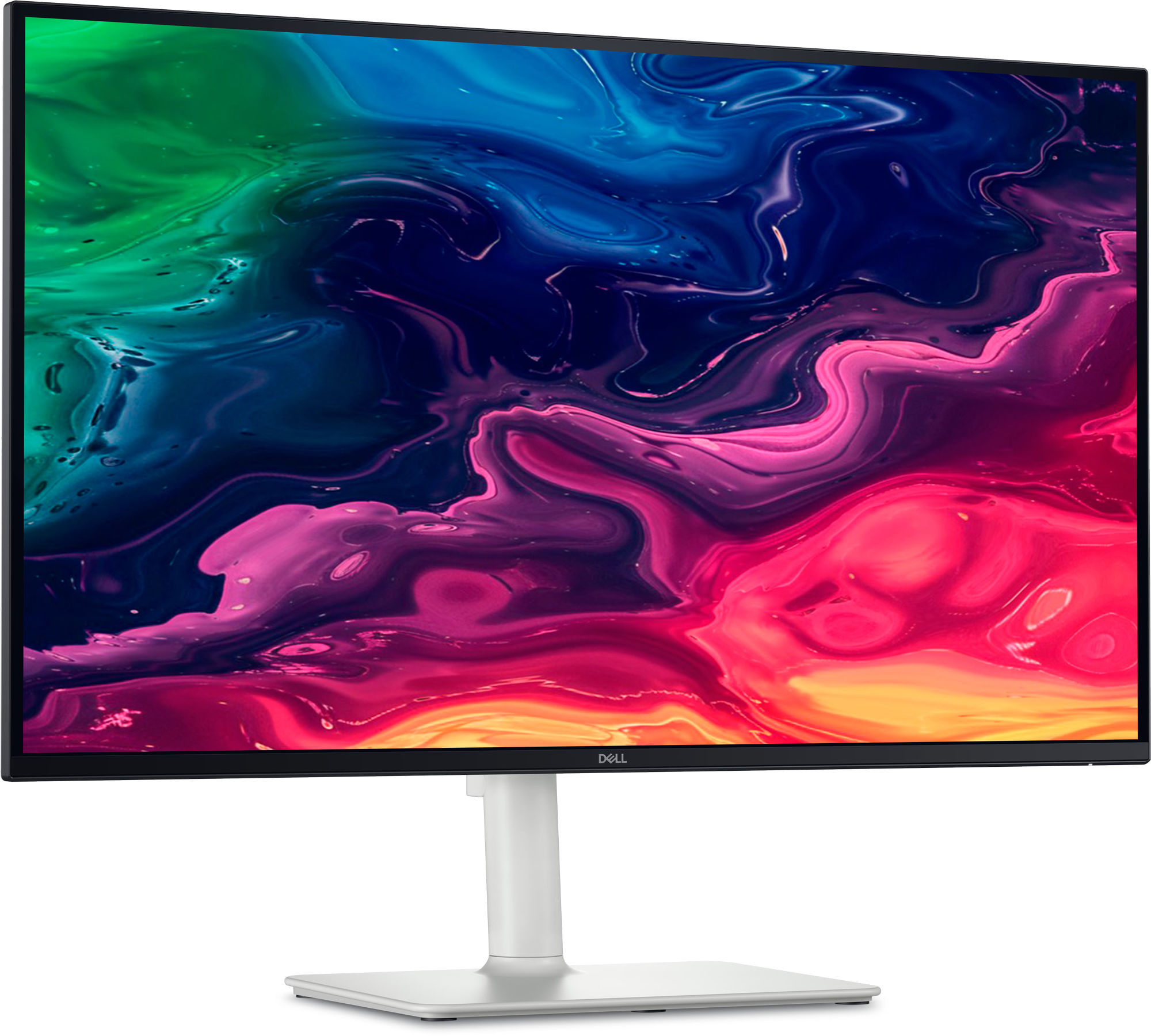Dell 27 Plus S2725QC : design sobre et bordures fines pour un bureau moderne Dell 27 Plus S2725QC de trois quarts sur un bureau