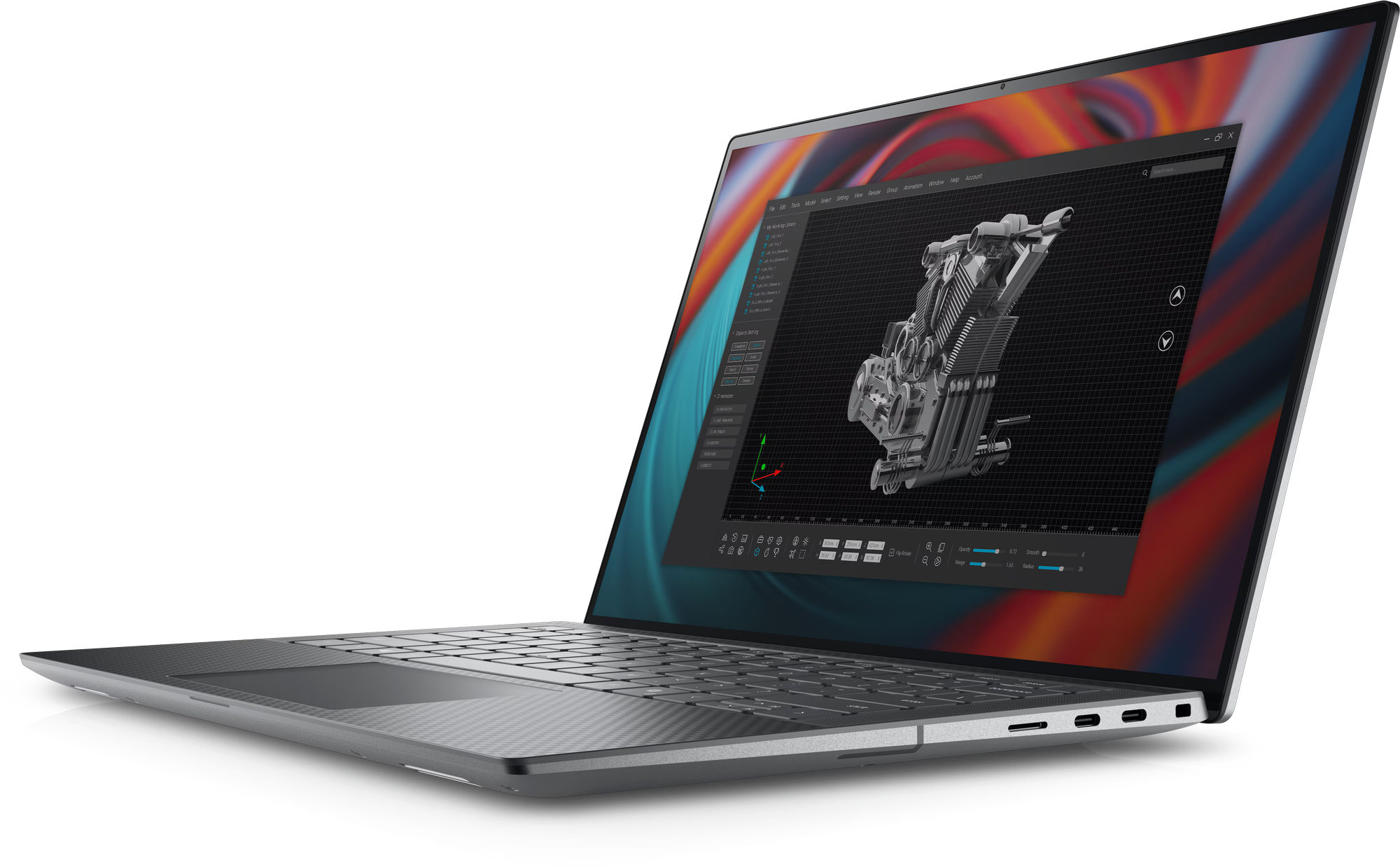 Profil fin et connectique USB-C du Dell Precision 5490 Dell Precision 5490 vu de trois quarts droit avec ses ports USB-C