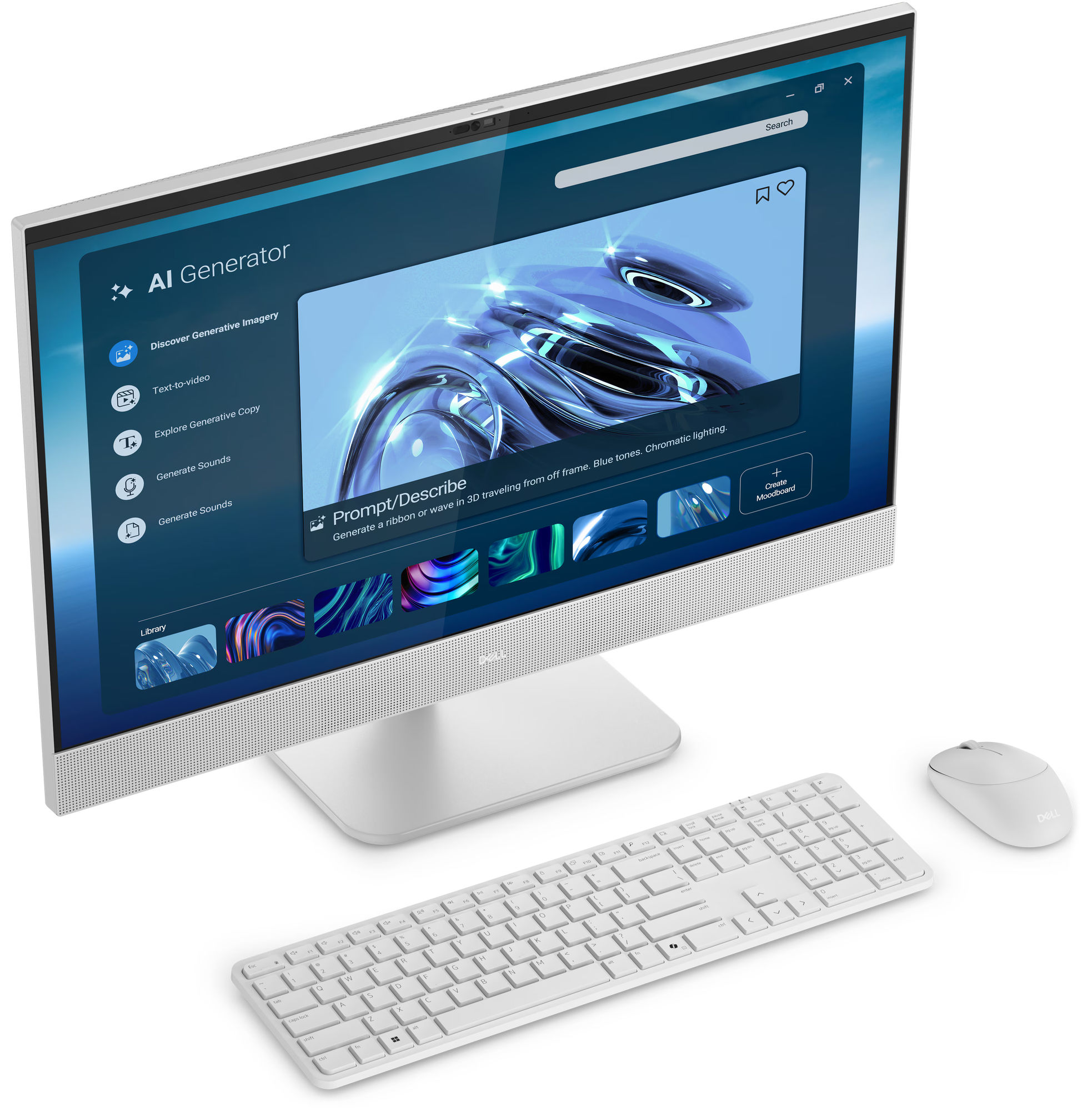 Dell 27 Tout-en-un EC27260 bdec2726001 - design tout-en-un Dell 27 Tout-en-un EC27260 bdec2726001 en vue inclinée avec clavier et souris