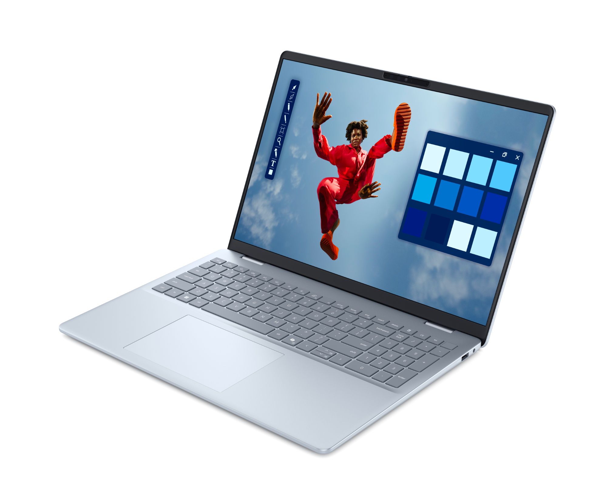 Dell 16 Plus bndb1625004sb_noac - vue ouverte en perspective Dell 16 Plus bndb1625004sb_noac ouvert en perspective avec clavier AZERTY et pavé numérique
