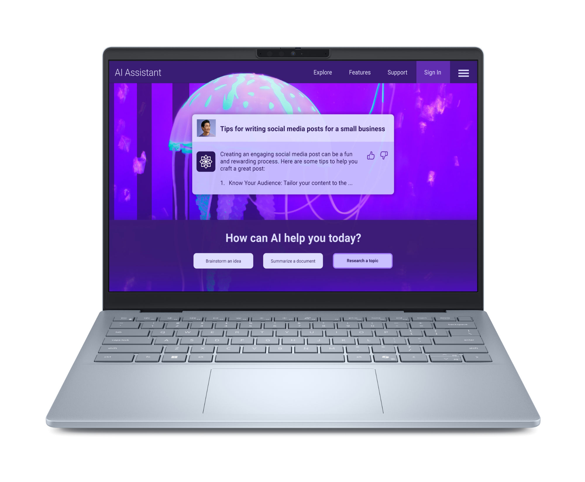 Écran et clavier du Dell 14 Plus B0H7D22MR2 Vue de face du Dell 14 Plus B0H7D22MR2 avec écran 14 pouces