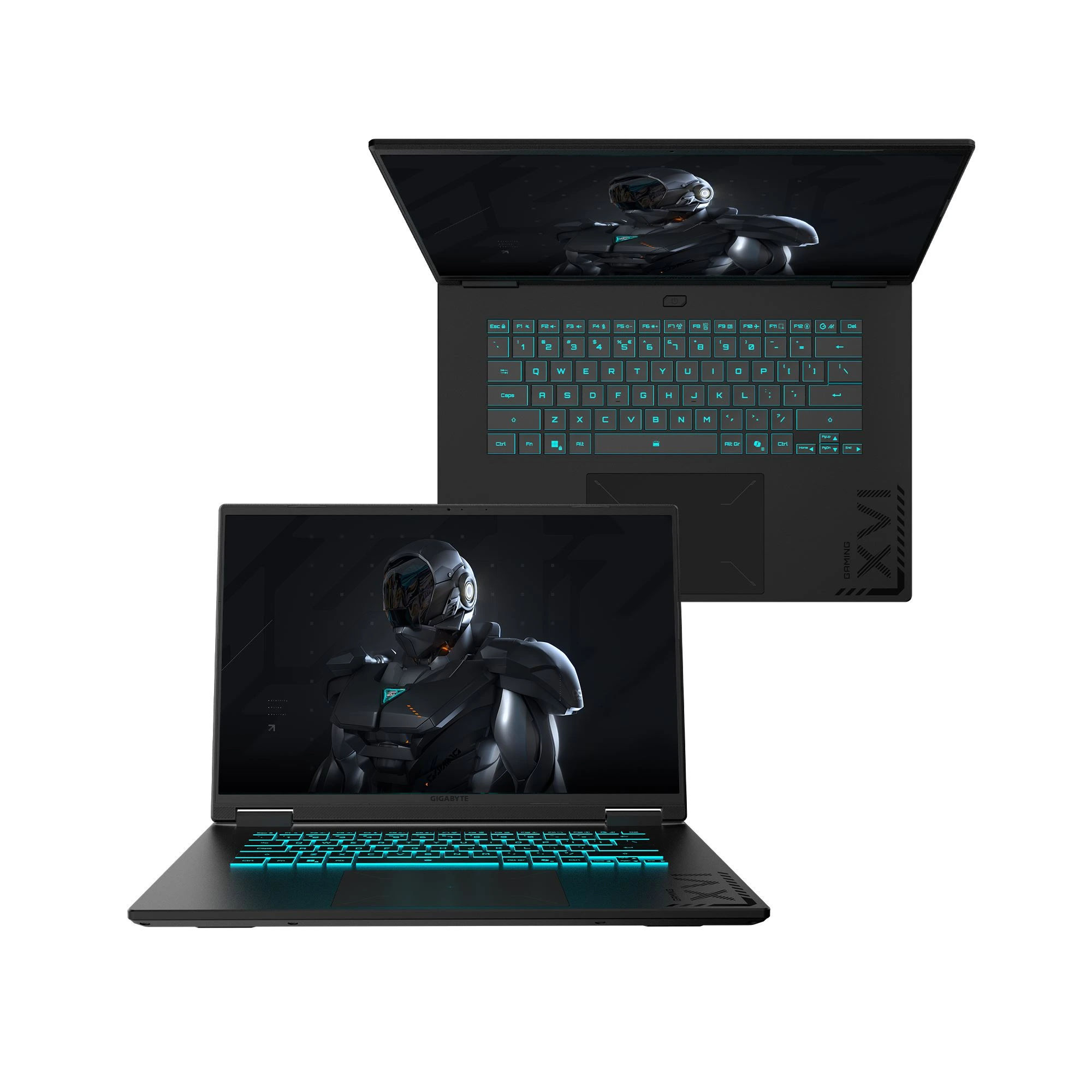 Gigabyte A16 3WHK3FR894SH ouvert avec clavier rétroéclairé Deux vues du PC portable Gigabyte A16 3WHK3FR894SH